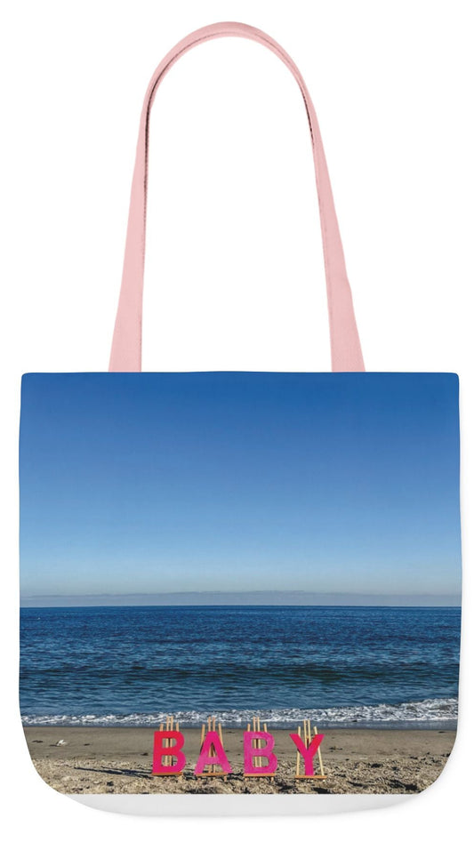 Baby Tote Bag (Pink Handles) 18”x 18” same print on each side with pink or white handle options. “Beach Baby Tote Bag”.