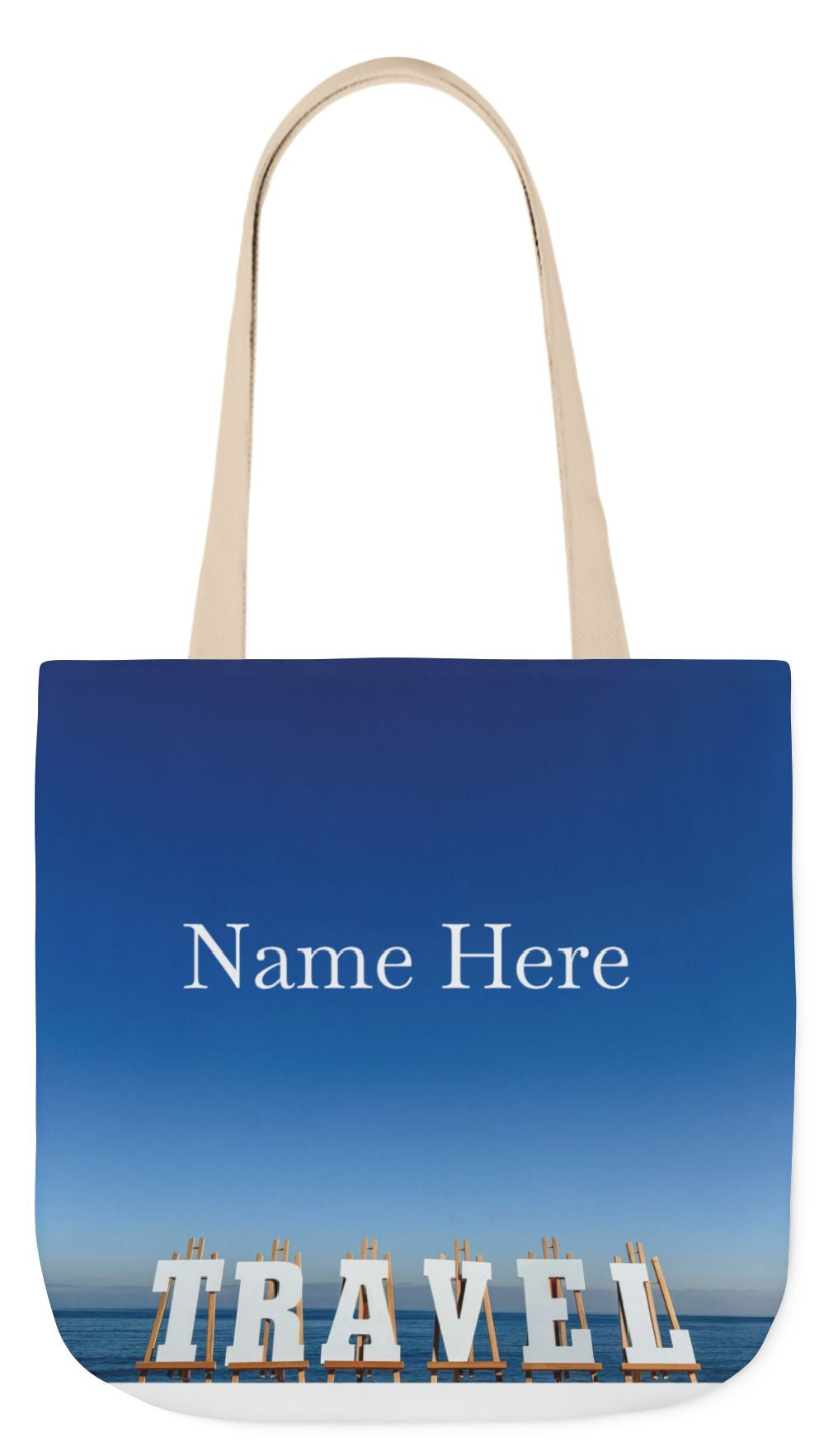 Travel Tote Bag 18” x 18” different print on each side. 5 handle color options. “Seaside & Beach Travel Bag Personalized”