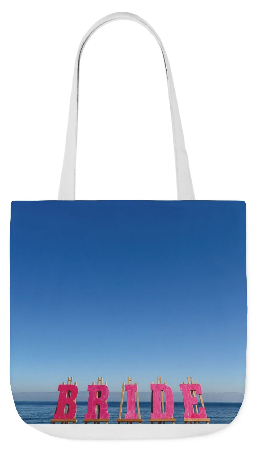 Bride Tote Bag 18" x 18" with allover same print on each side. Pink or white handle choice. "Seaside Bride Bag"