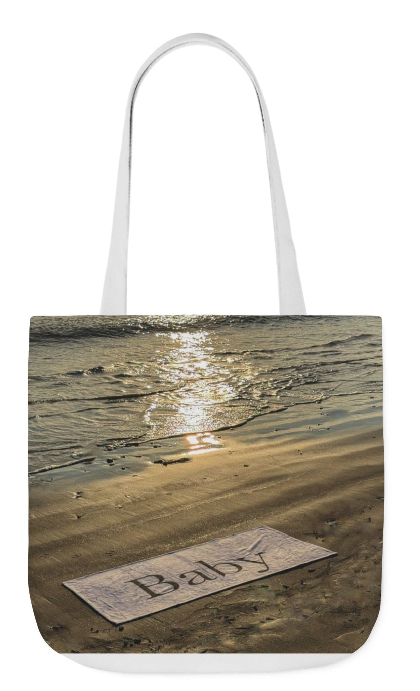 baby tote bag different beach print each side. white handles 18" x 18"
