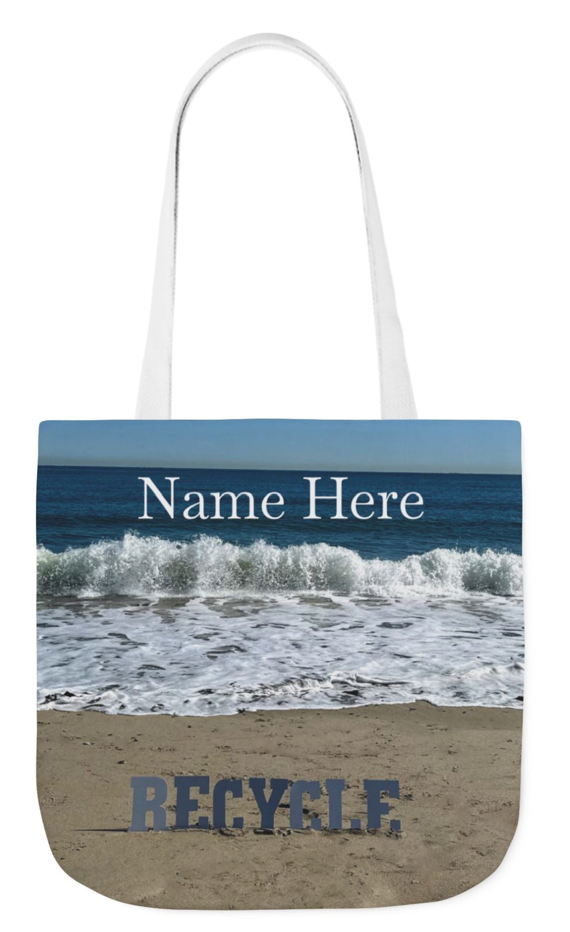 personalized recycle tote bag 18 x 18 white handles letters on sandy beach with waves and blue sea and sky