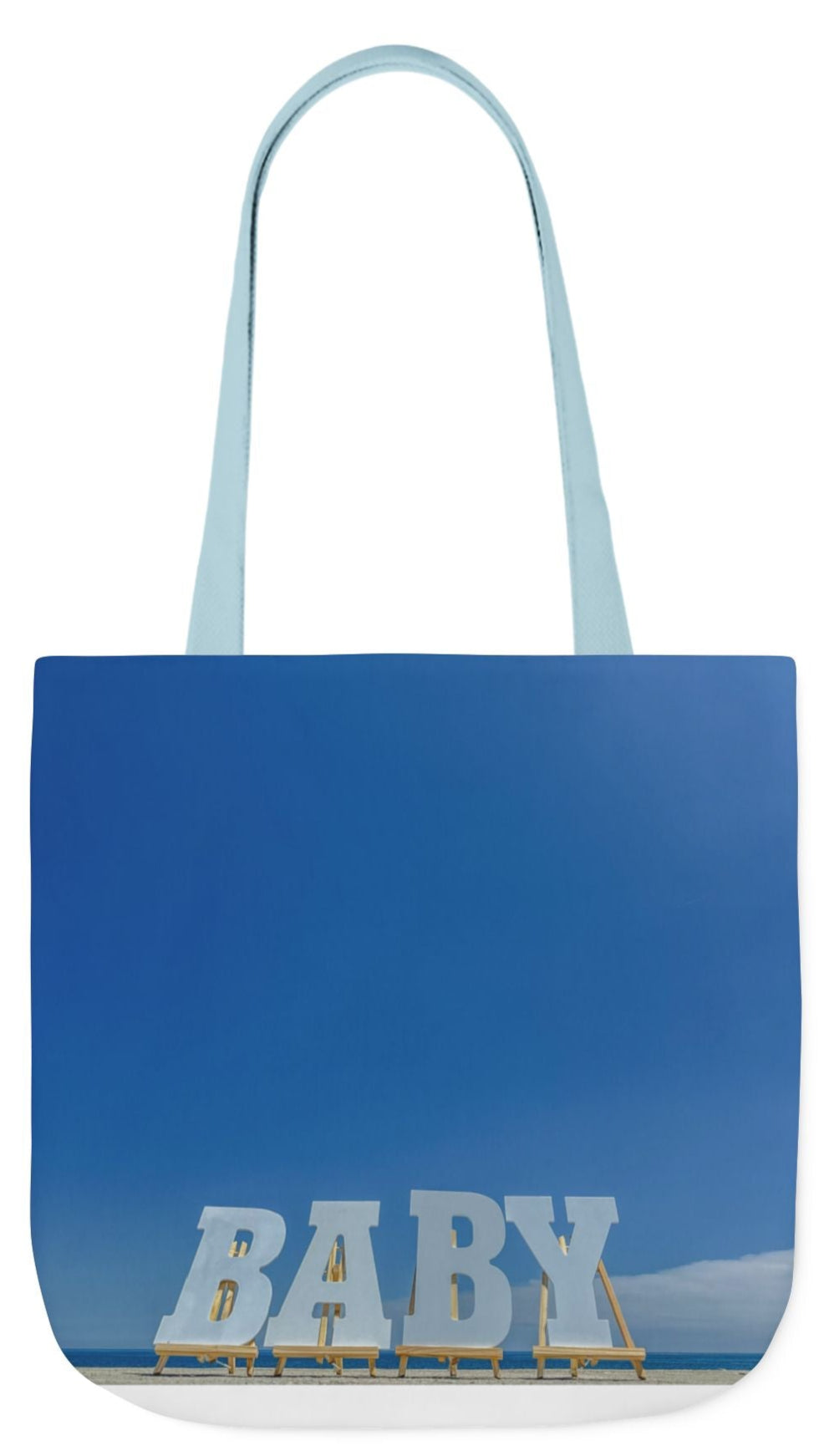 Baby Tote Bag 18”x 18” same all over print on each side with white, blue or pink handle options. “Baby Bag Bright Sky”.