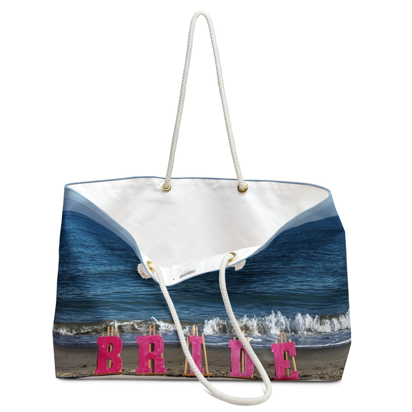 Bride Weekender Bag with same allover print on each side and rope handles. "24 x 13". "Beach Bride Weekender Bag"