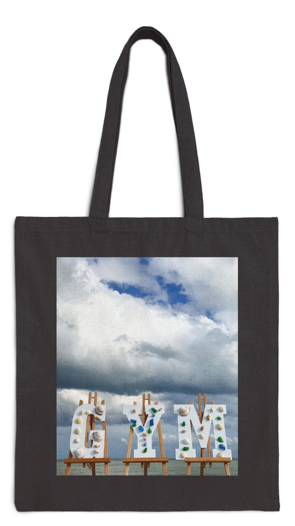 Gym Tote Bag Black 15” x 16” Cotton Canvas Print on One Side. "Shoreline Gym Bag"