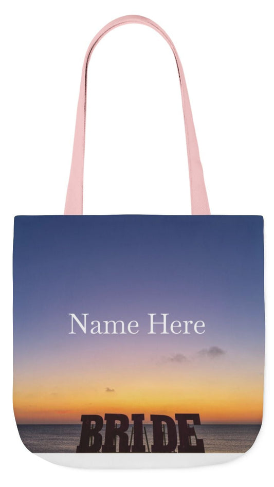 Bride Tote Bag 13” x 13” same print on each side. Handle color choice of Pink or White. “Daybreak Bride Bag Personalized”
