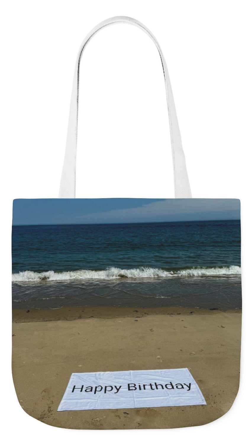 Birthday Tote Bag 13" x 13" different print on each side. 3 Handle Color Options. "Beach & Beach Sand Birthday"