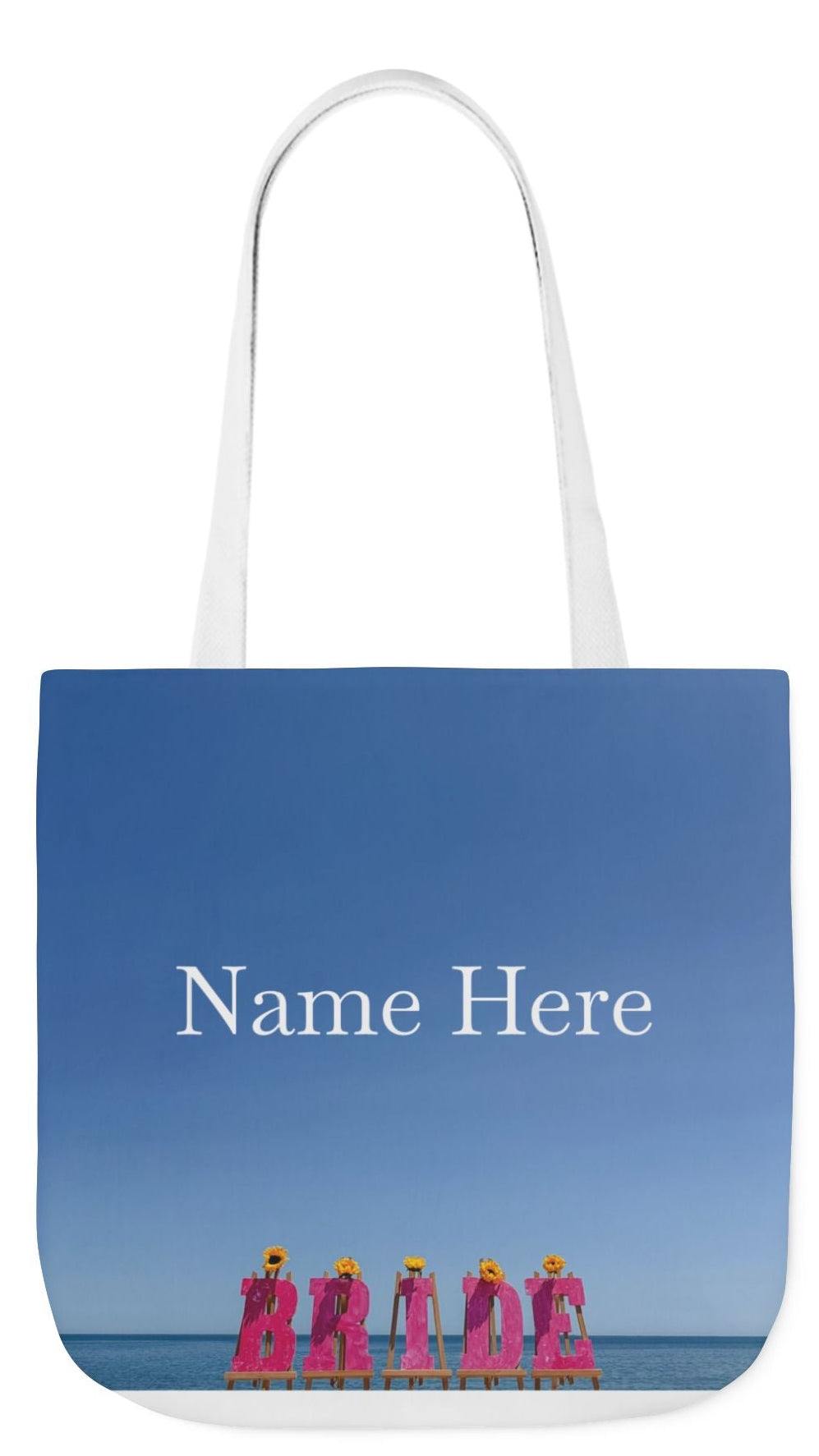 Bride Tote Bag 18" x 18" same print on each side. Pink or White Handles option. "Shoreline Bride Bag Personalized"