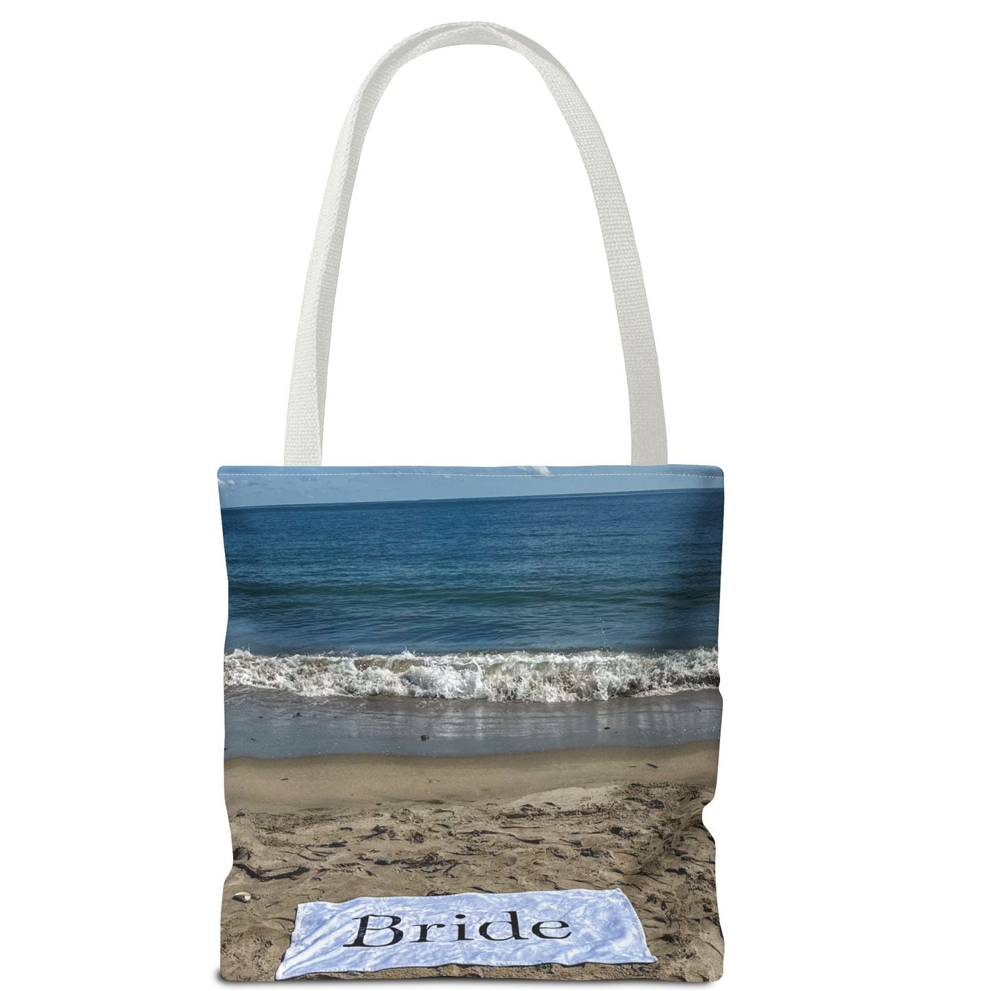 Bride Tote Bag 13”, 16”, 18" Same Print on Both Sides with White Handles. "Beach Sand Bride Bag"