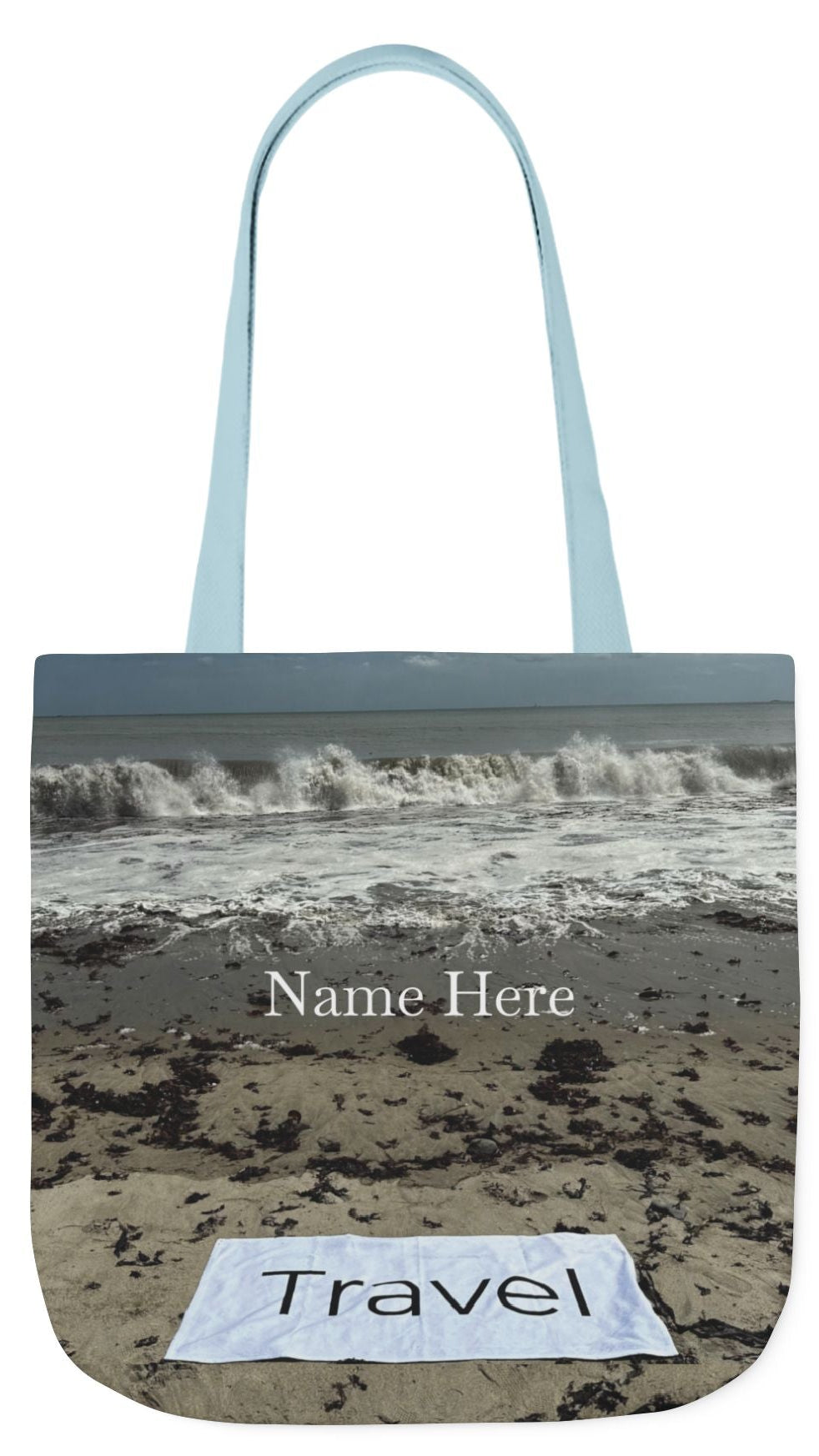 Travel Tote Bag 18” x 18” Same Allover Print on each Side. 4 Handle Color Options. “Wild Waves Travel Bag” (Personalize it)