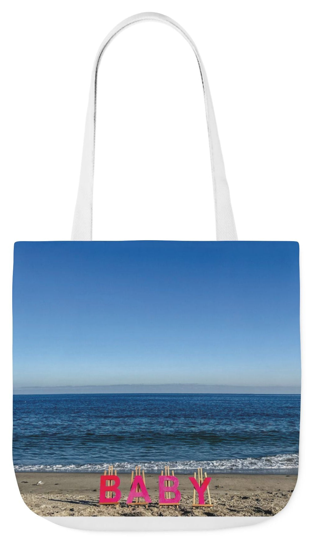 Baby Tote Bag (Pink Handles) 18”x 18” same print on each side with pink or white handle options. “Beach Baby Tote Bag”.