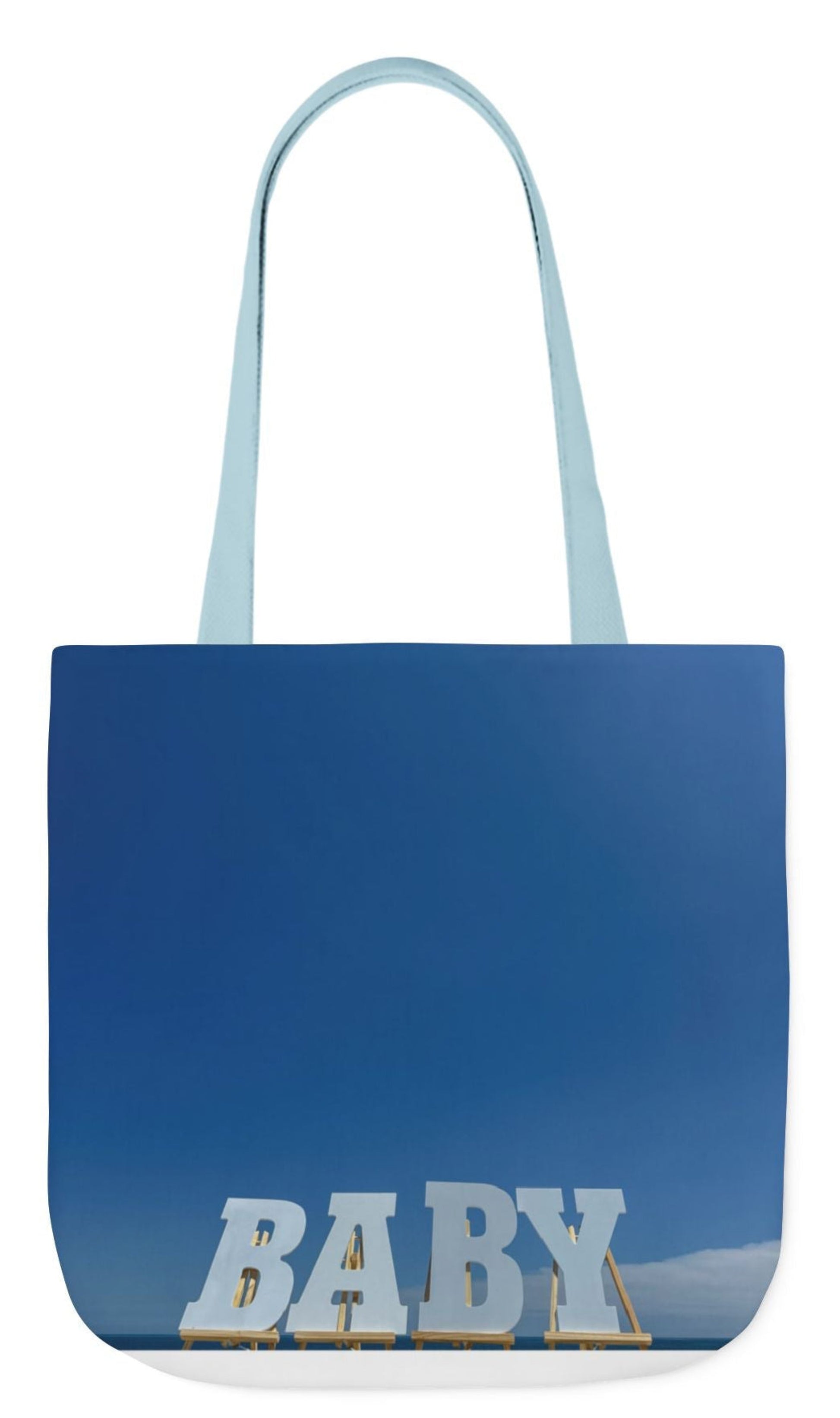 back of personalized baby tote bag 18" x 18" in blue with blue handles