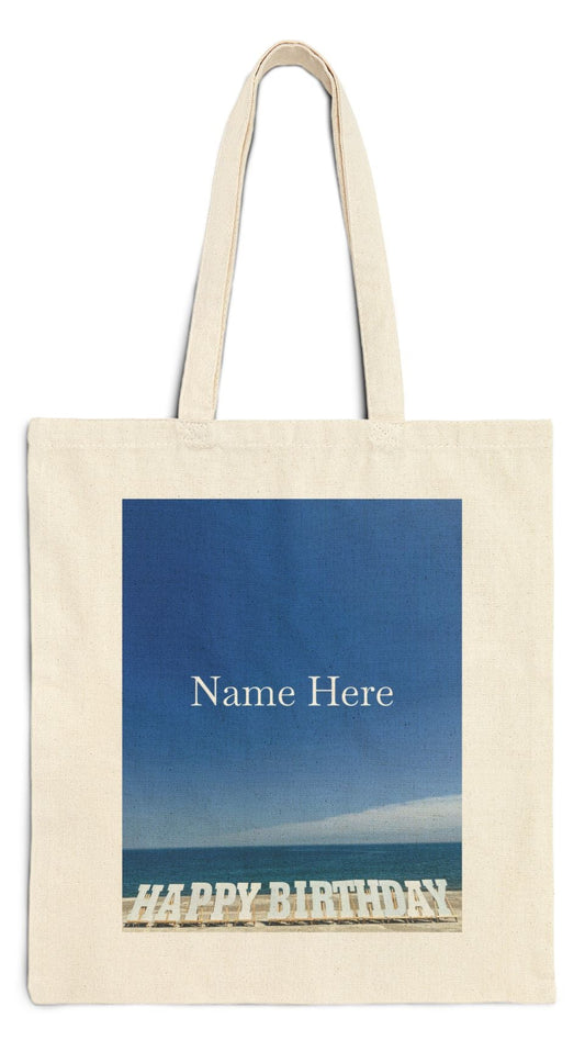 Birthday Tote Bag Natural Color 15" x 16" Cotton Canvas Print on One Side. "Shoreline Birthday Personalized"