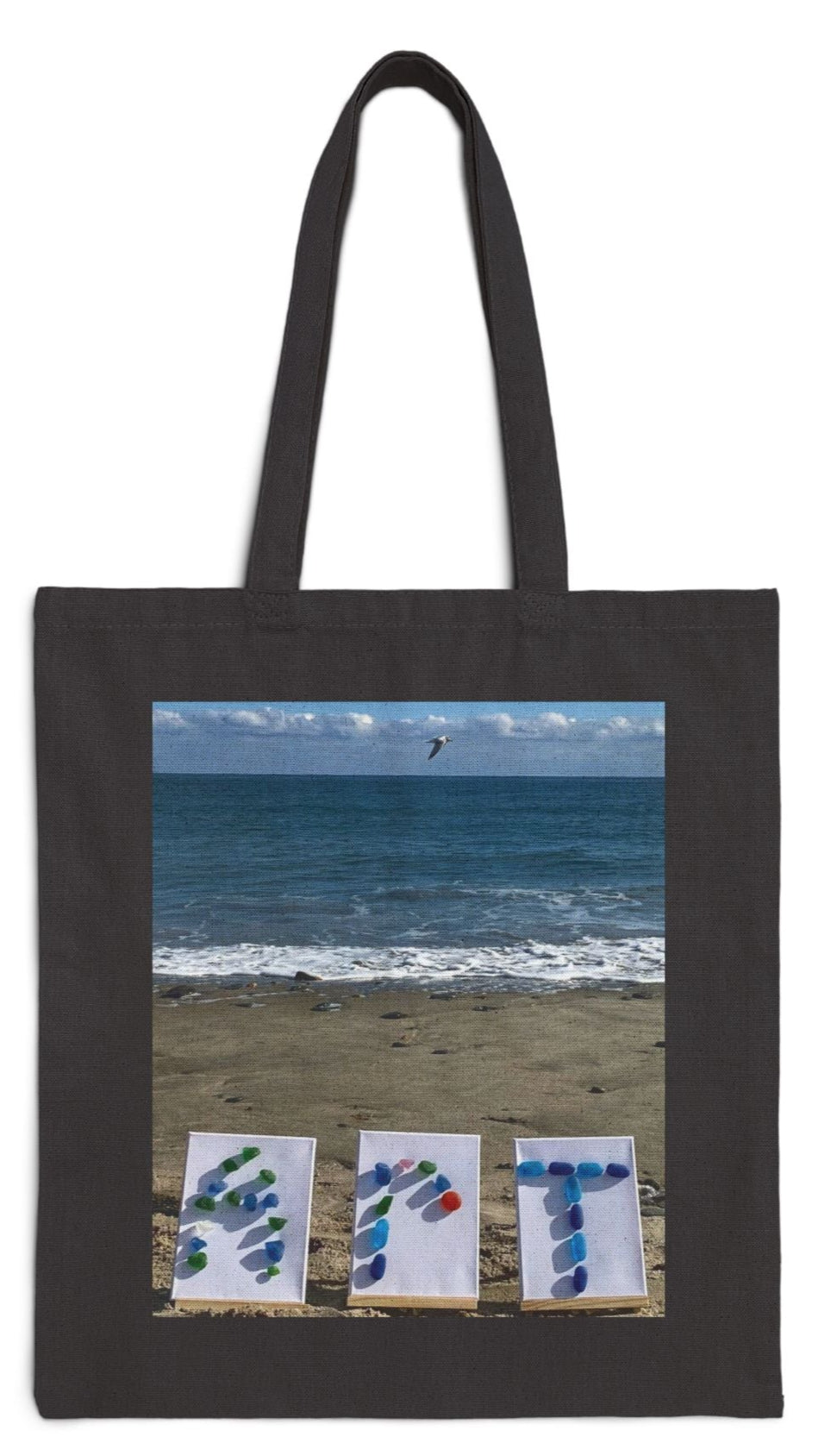 Art Tote Bag Black 15" x 16" Cotton Canvas Print on One Side. "Beach Art"