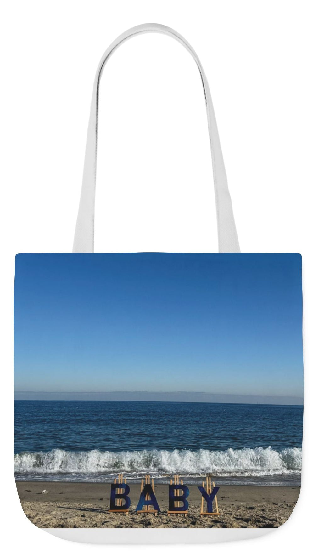 Baby Tote Bag 18” x 18” different print each side and choice of blue or white handles. "Shoreline & Beach Baby Tote Bag Personalized"