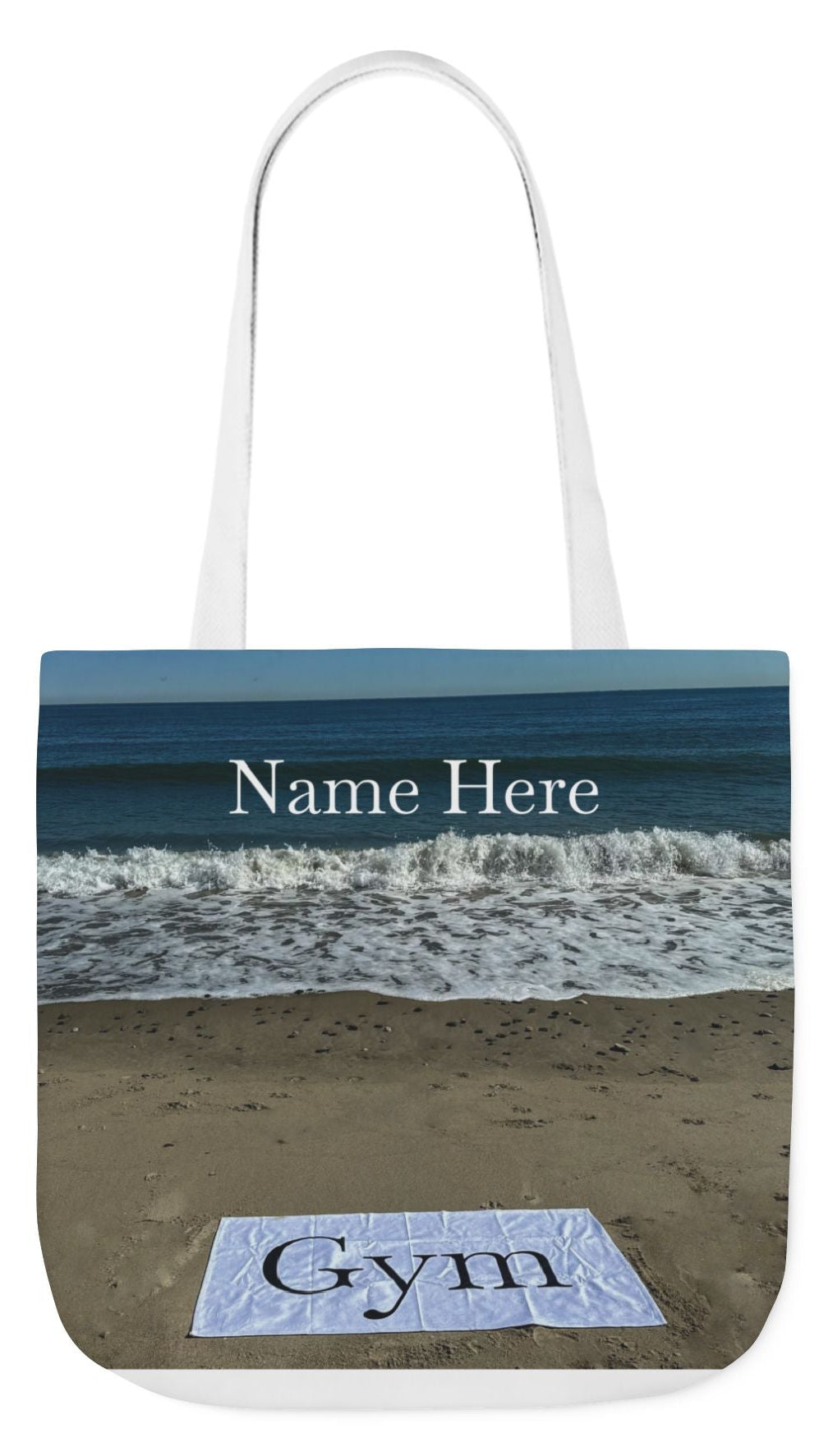 Gym Tote Bag 18” x 18” same print on each side. 5 Handle Color Options. "Beachfront Gym Bag Personalized"