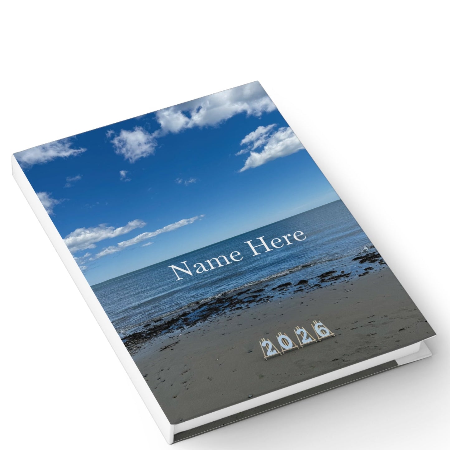 2026 Hardcover Blank Journal. (Personalized) “2026 Two Seagulls on the Beach”