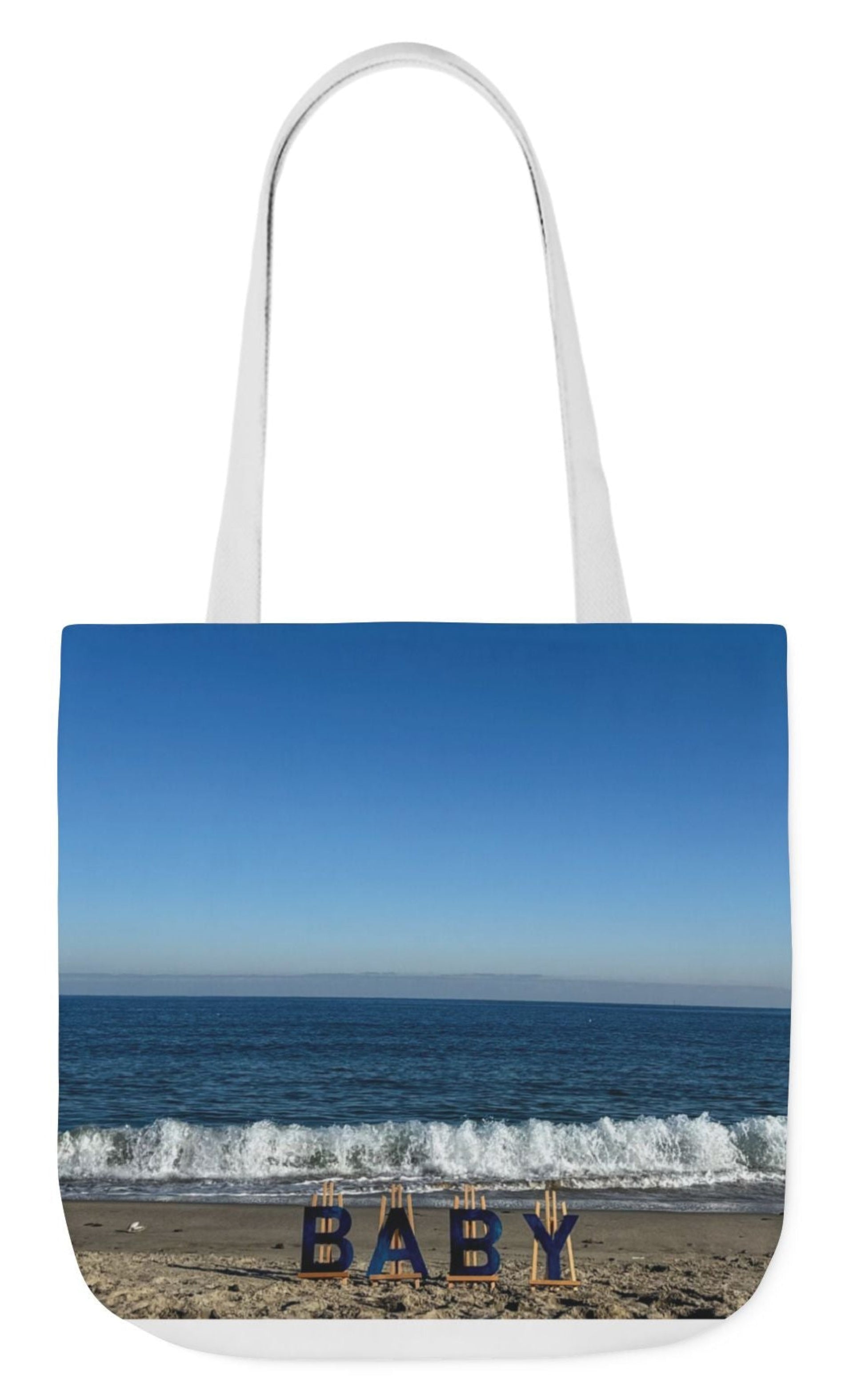 baby tote bag different print each side 18" x 18" white handles beach theme