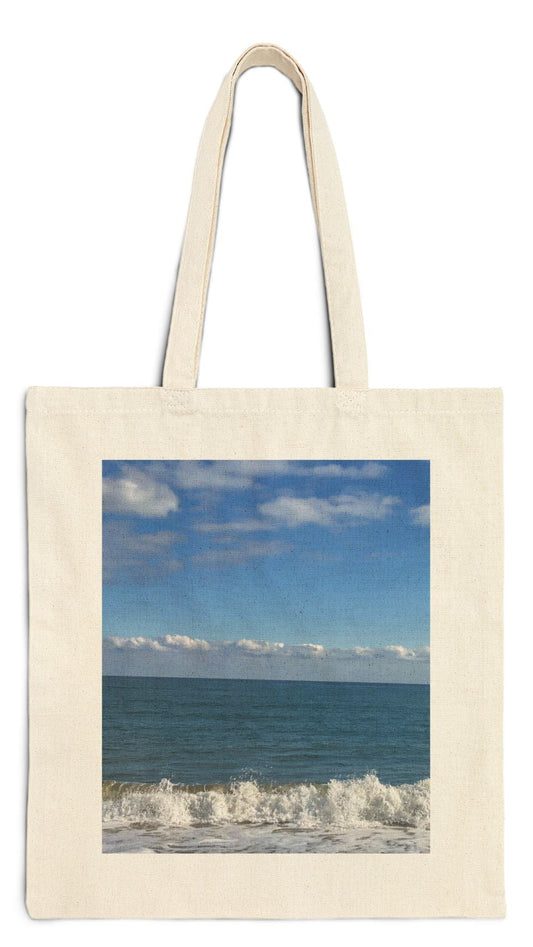 Beach Tote Bag Natural Color 15" x 16" Cotton Canvas Print on One Side. "Big Waves"