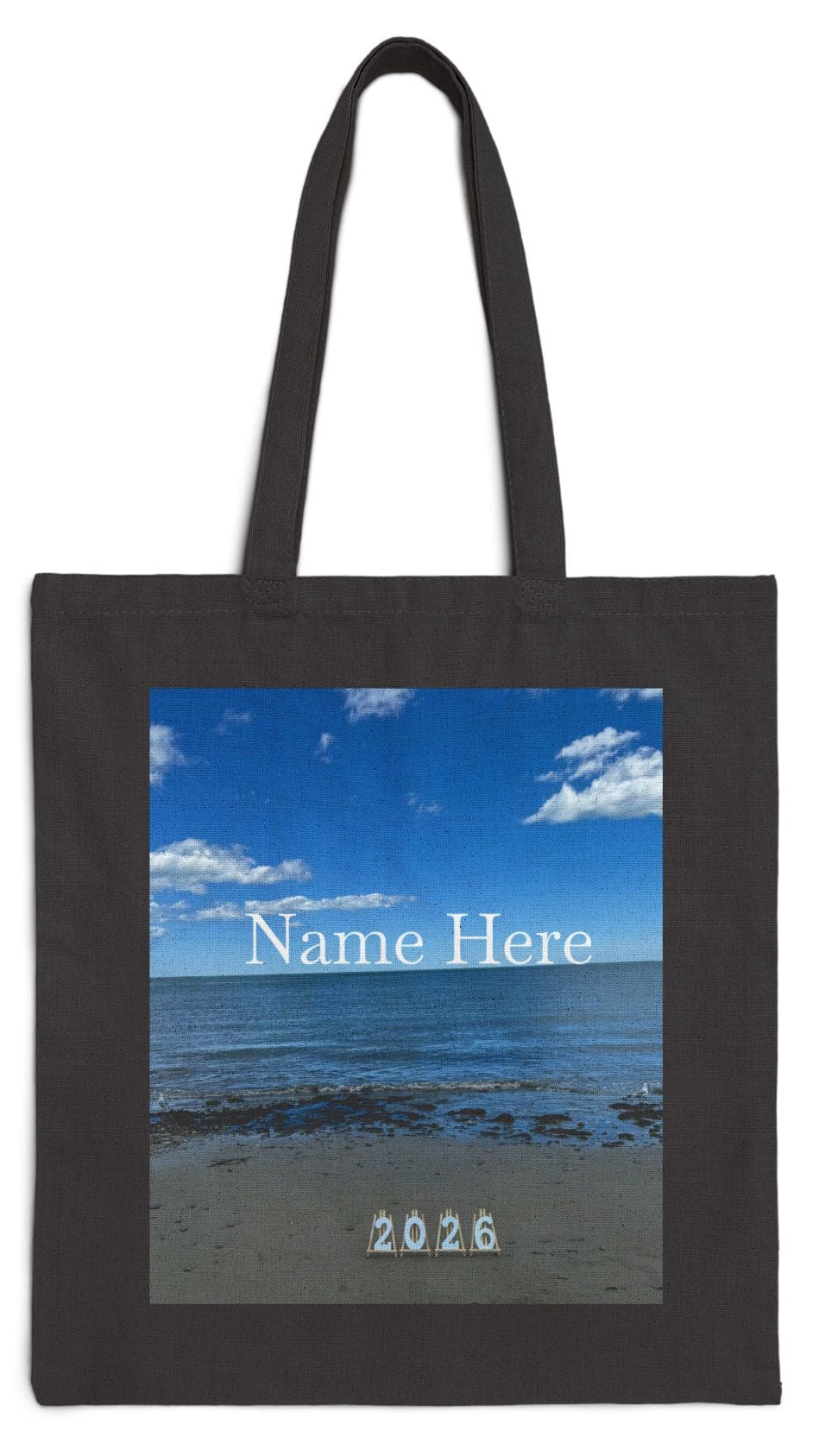 Personalized 2026 Tote Bag 15” x 16” Black Cotton Canvas Print on One Side. “2026 Seagulls at the Beach”