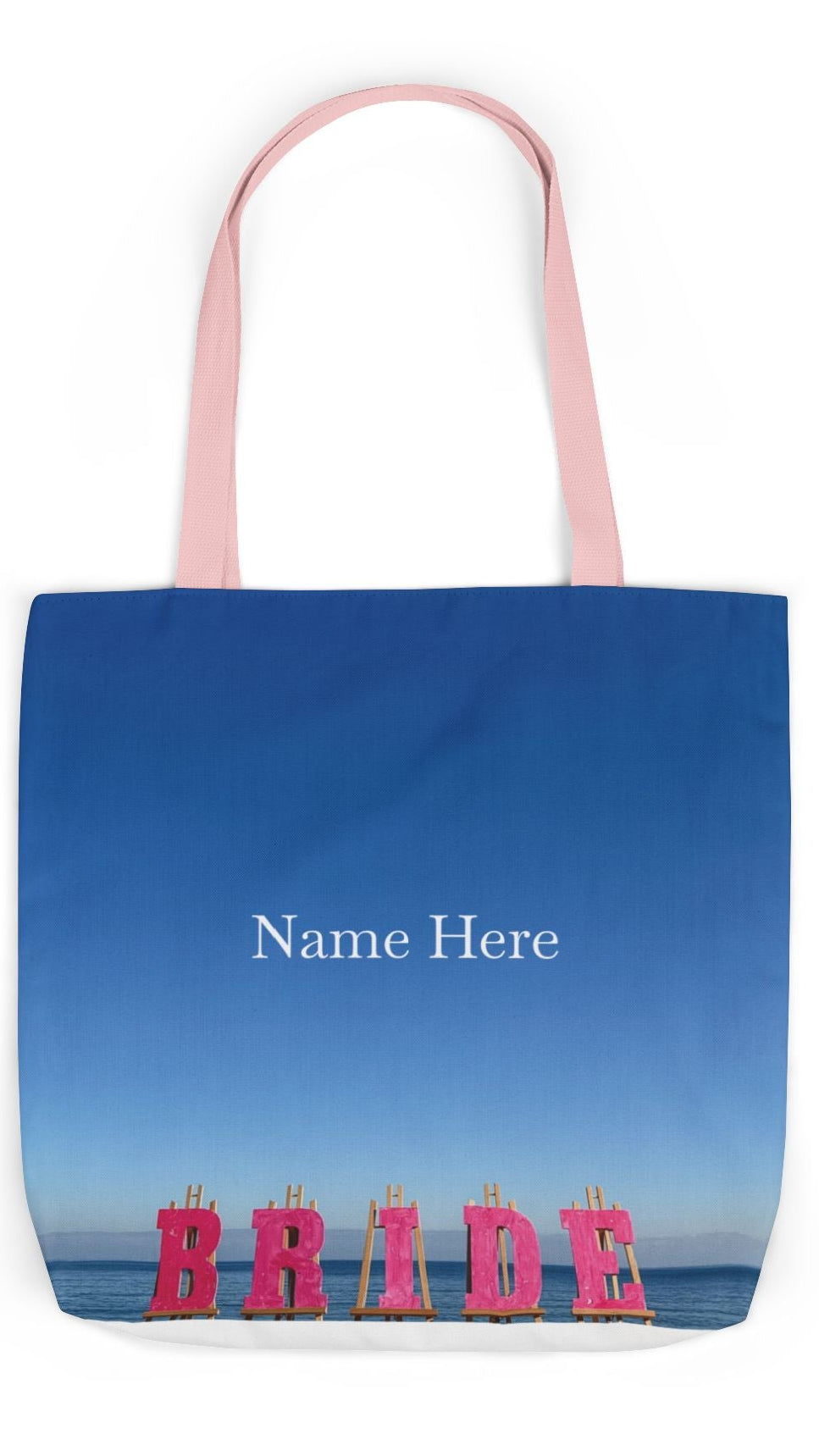 Bride Tote Bag 18" x 18" same print on each side. Pink or white handle choice. "Seaside Bride Bag Personalized"