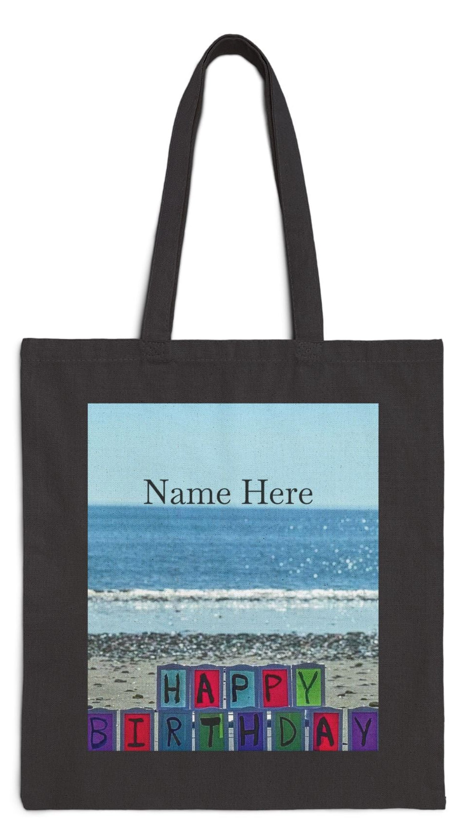 Birthday Tote Bag Black 15" x 16" Cotton Canvas Print on One Side. "Seaside Birthday" (Personalize it)