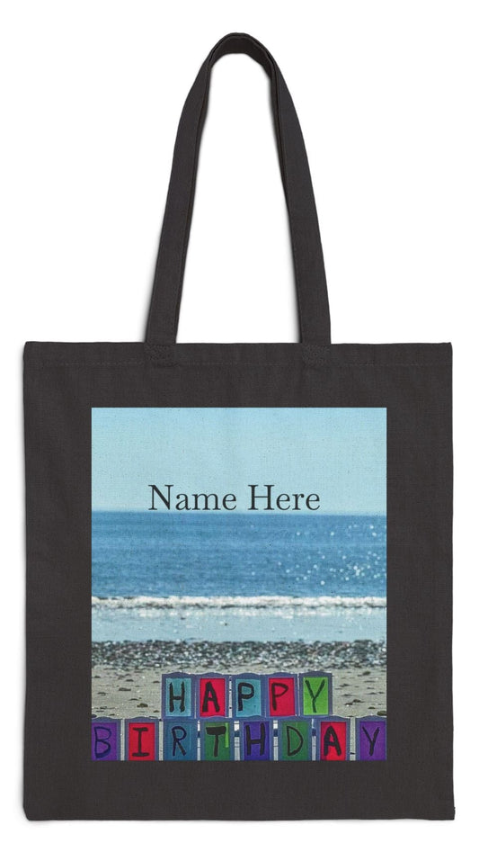 Birthday Tote Bag Black 15" x 16" Cotton Canvas Print on One Side. "Seaside Birthday" (Personalize it)