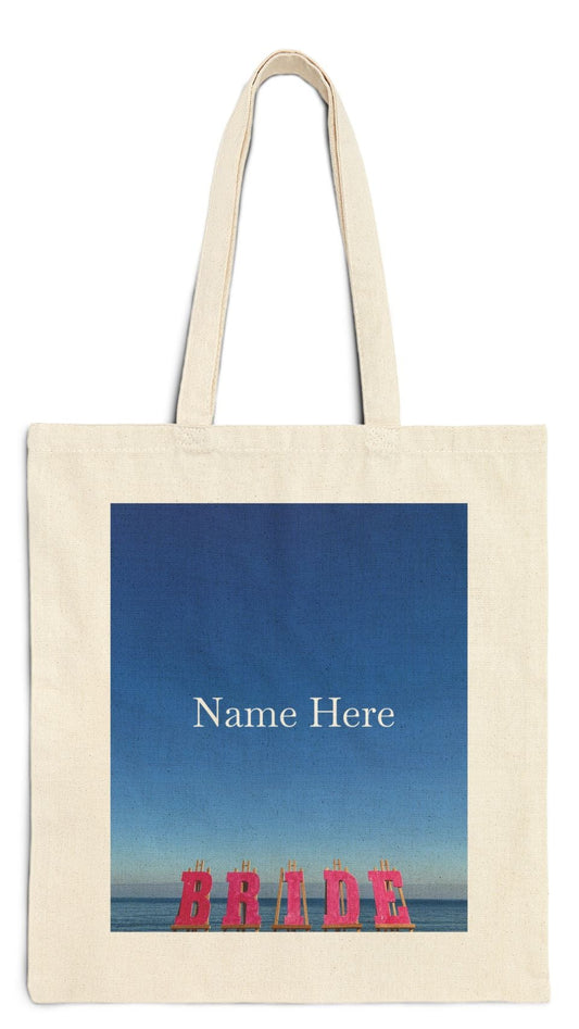 Bride Natural Color Cotton Canvas Tote Bag 15" x 16" Print on One Side. "Seaside Bride Bag" (Personalize it)