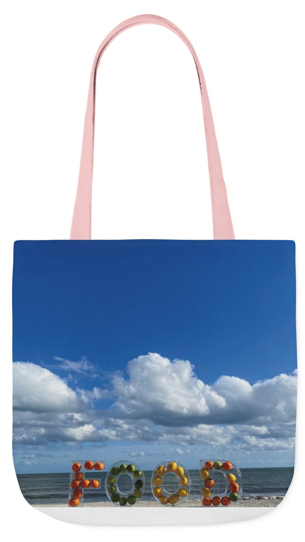 Food Tote Bag 18" x 18" with the Same Print on Both Sides and 4 handle color options (Black, Blue, Pink, White). "Beachy Food Bag"