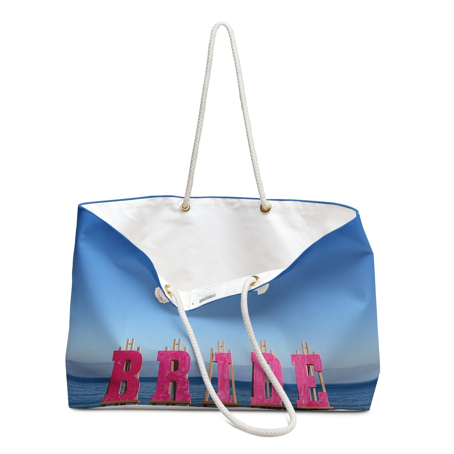 view of inside of bride weekender tote bag 24 x 13
