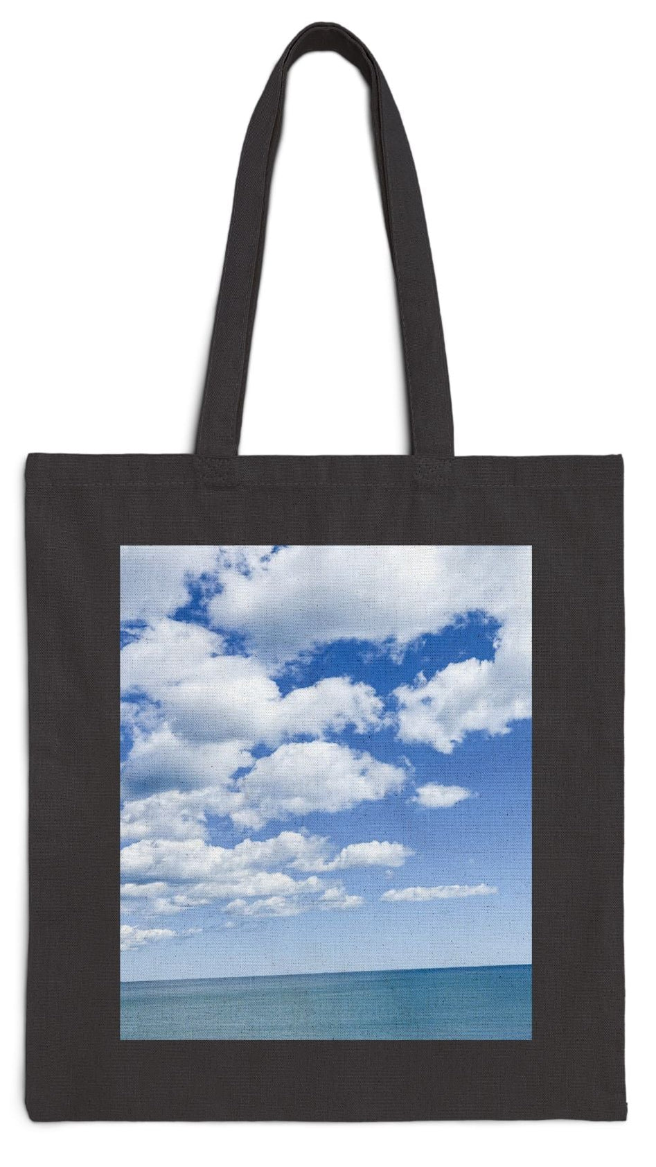 Everyday Tote Bag  15" x 16" Black Cotton Canvas Tote Bag. “Seaside Bright Clouds”