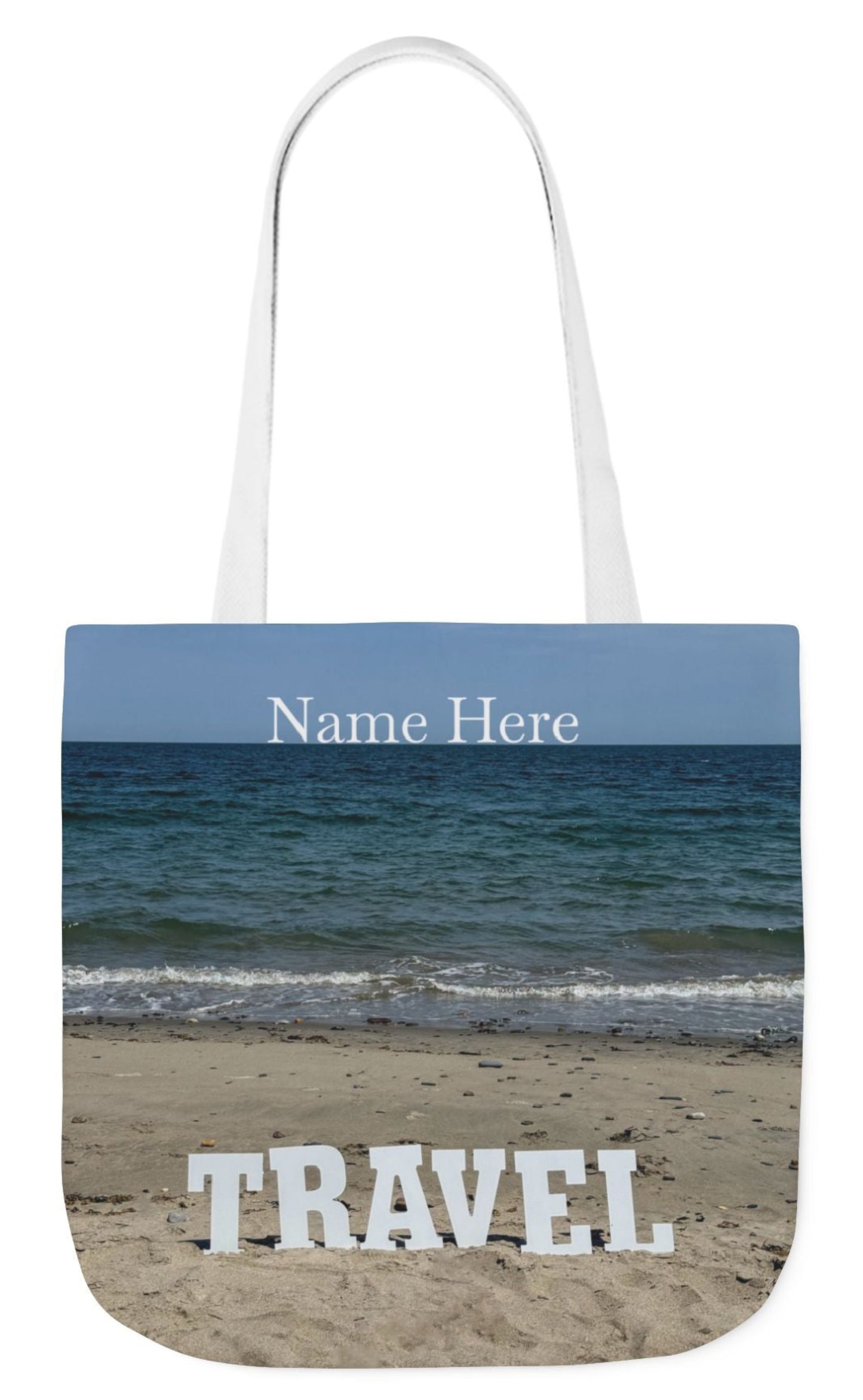 personalized travel tote bag white handles matching beach scenes on each side