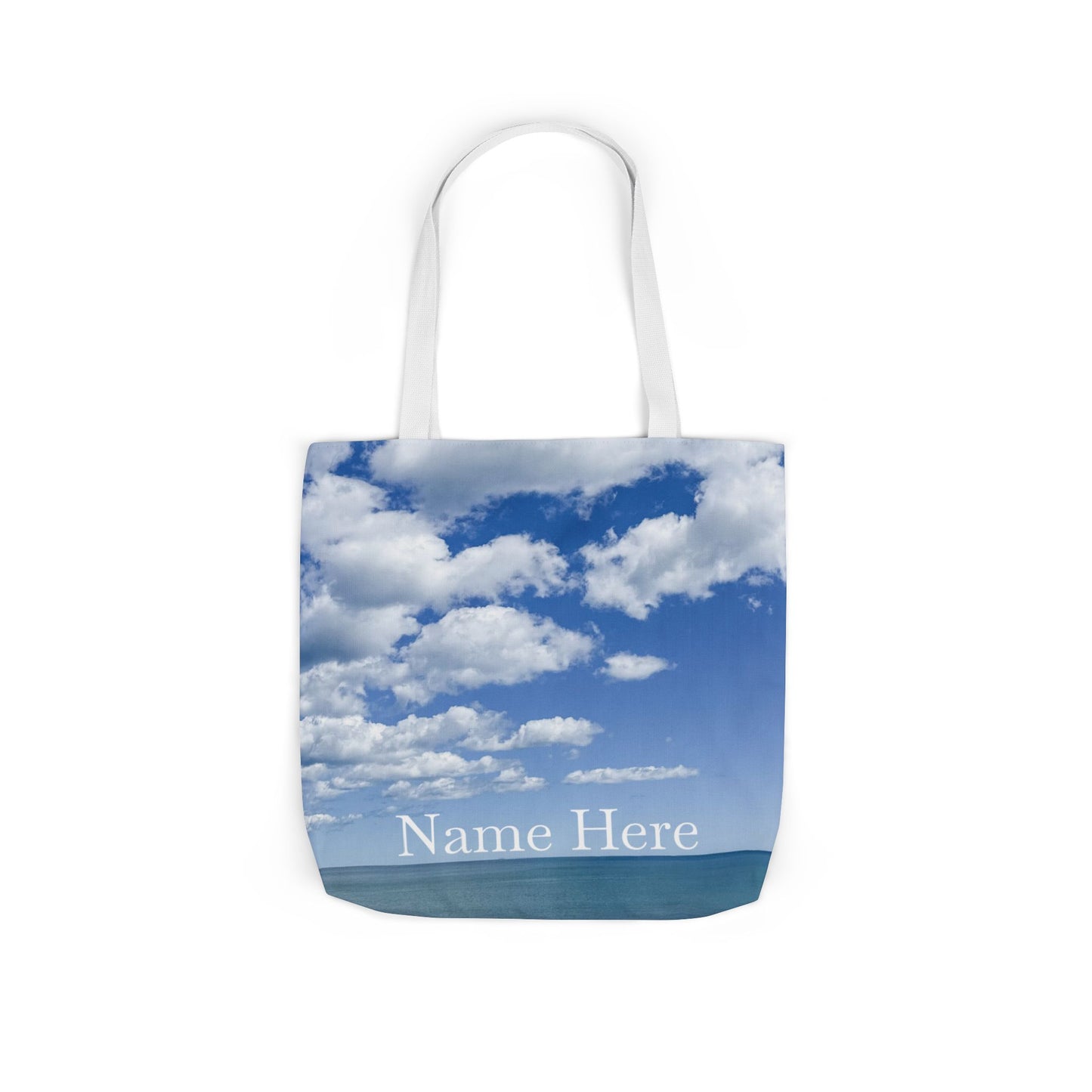 Everyday Tote Bag 18” x 18” same print on each side. 3 Handle Color Options. “Seaside Bright Clouds Personalized”