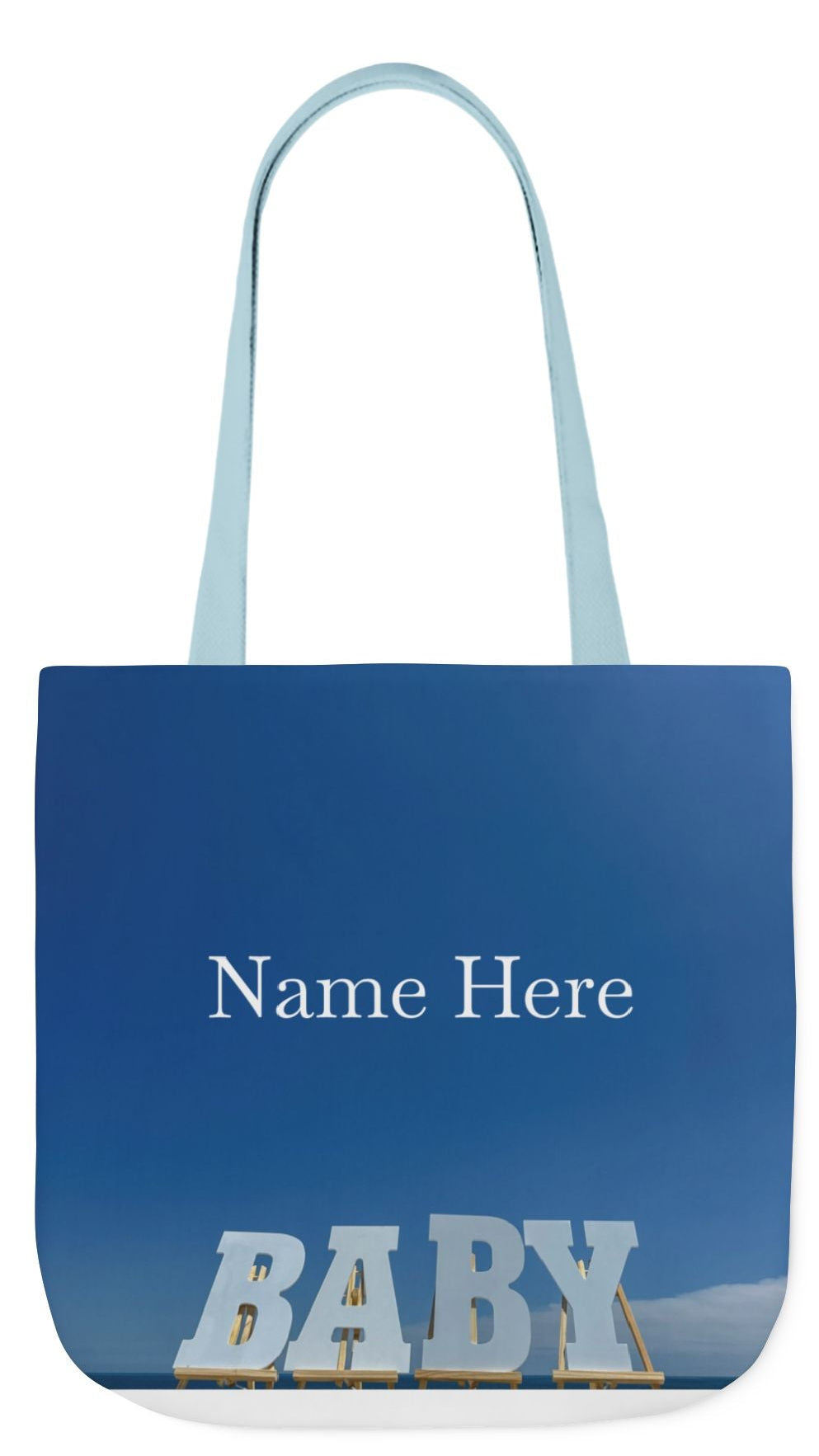 Baby Tote Bag 18”x 18” same print on each side with white, blue or pink handle options. “Bright Sky Baby Bag Personalized"