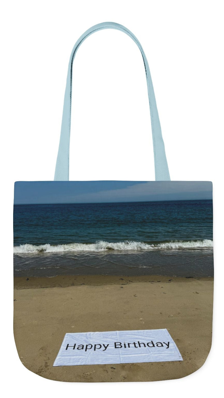 Birthday Tote Bag 13" x 13" different print on each side. 3 Handle Color Options. "Beach & Beach Sand Birthday Personalized”