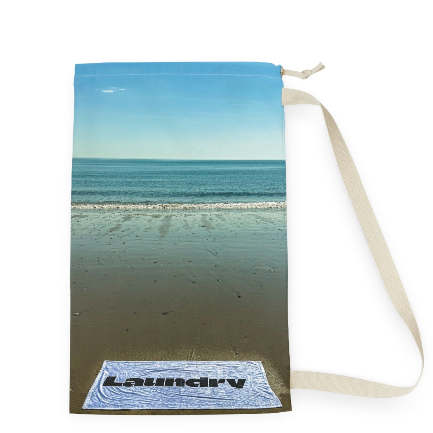 Laundry Bag with Shoulder Strap and Drawstring. Same print on both sides. "18 x 29". "Laundry day at the shore".
