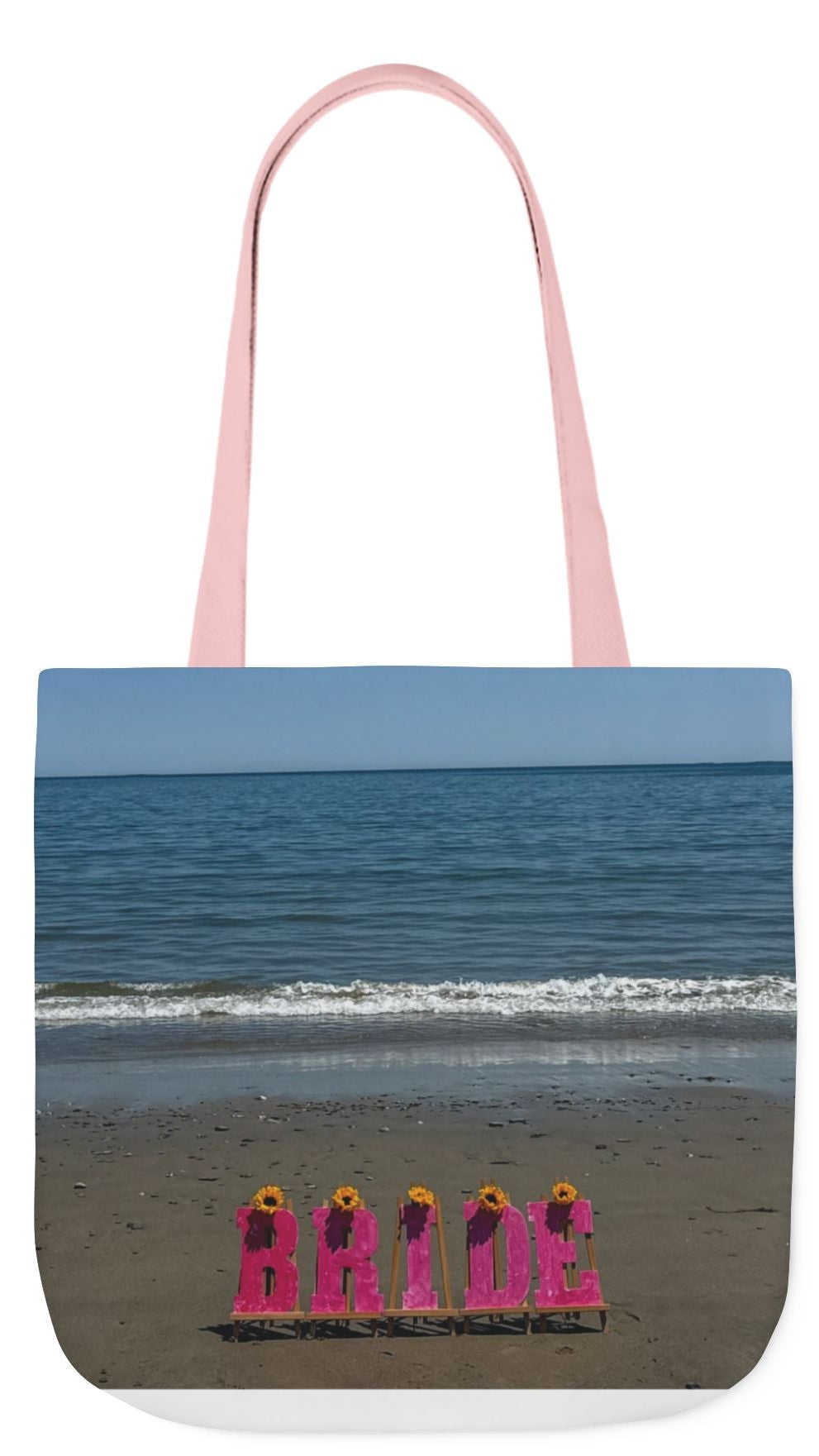 Bride Tote Bag 18" x 18" same print on each side. Pink or White Handles option. "Beachfront Bride Bag"