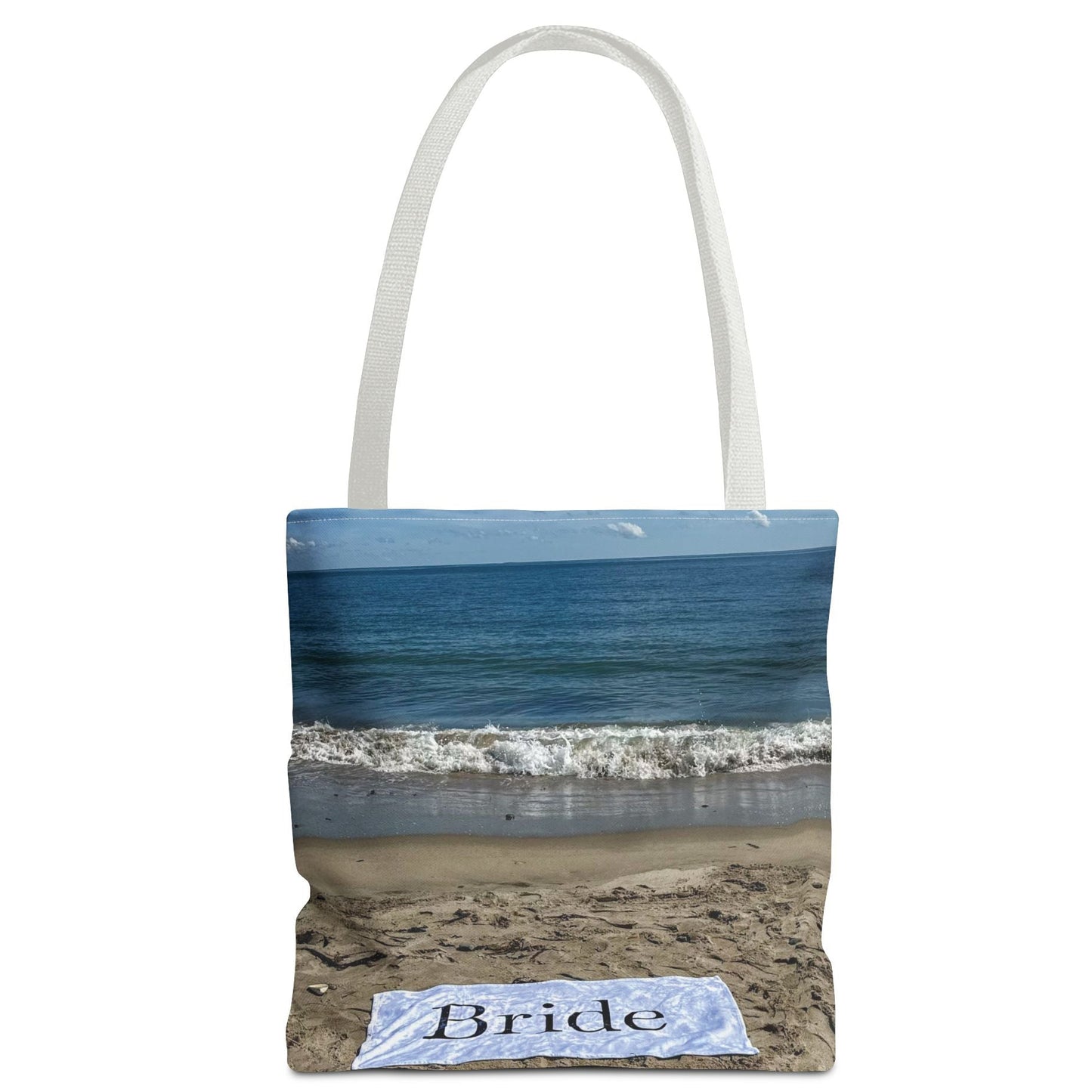Bride Tote Bag 13”, 16”, 18" Same Print on Both Sides with White Handles. "Beach Sand Bride Bag"