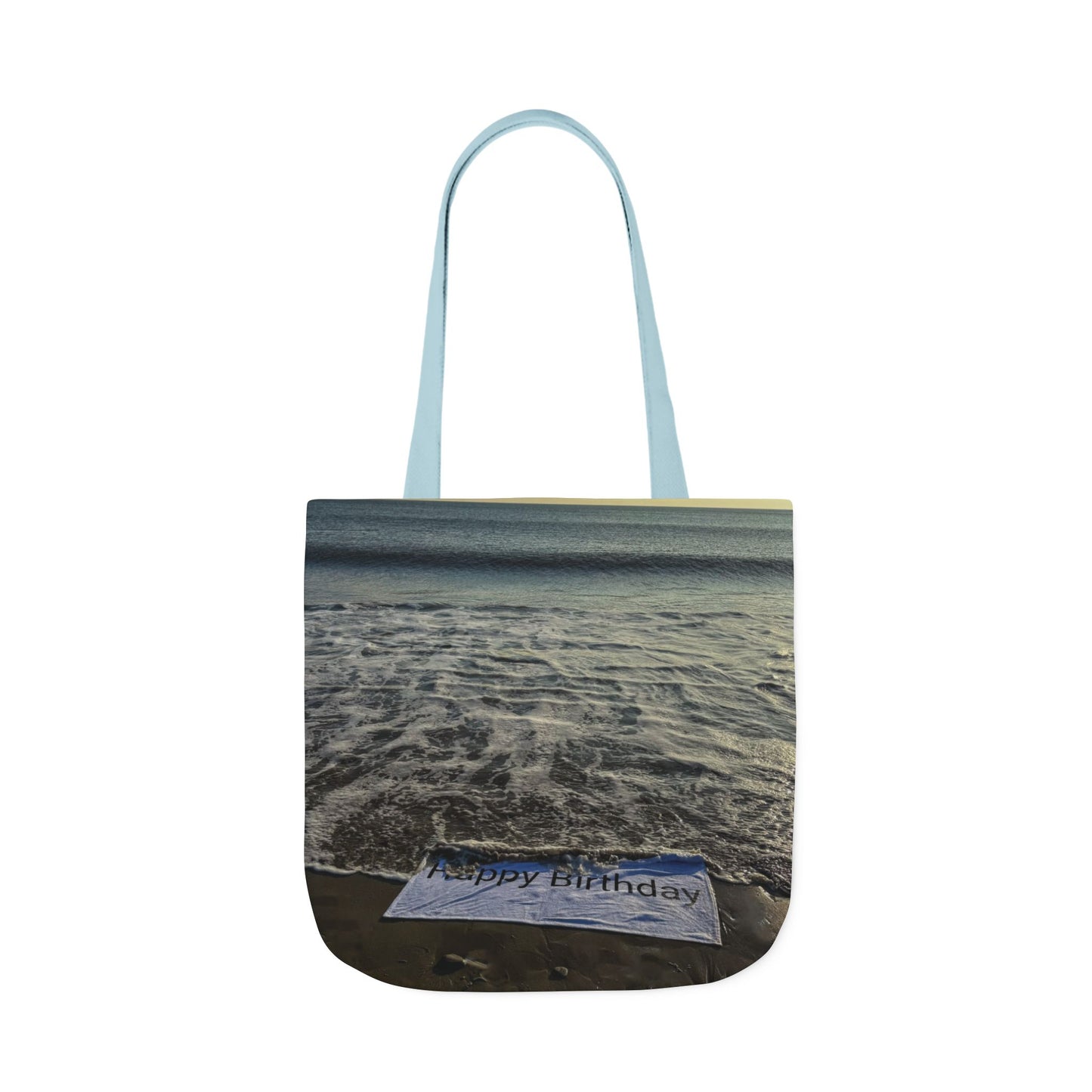 Birthday Tote Bag 18” x 18” different print on each side. 3 Handle Color Options. “Beach & Beachfront Birthday Bag”