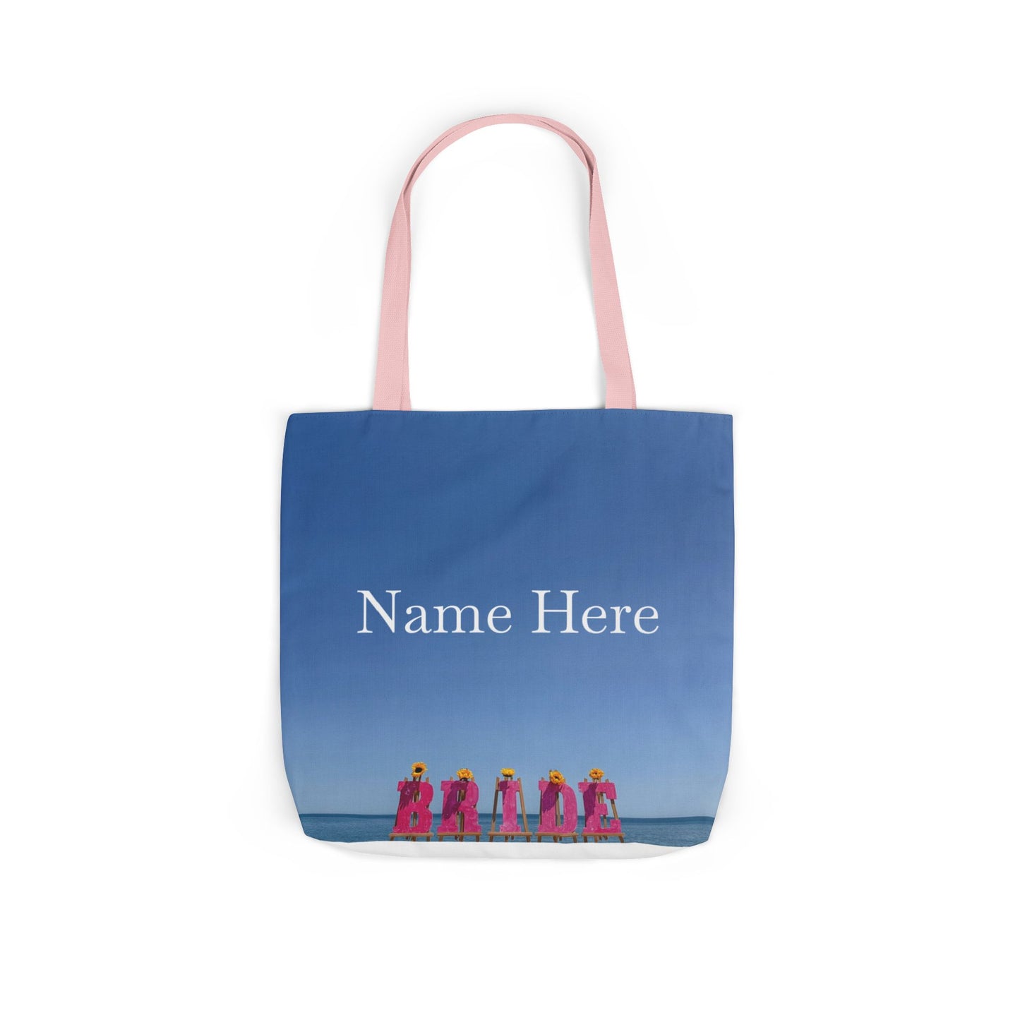 Bride Tote Bag 18" x 18" same print on each side. Pink or White Handles option. "Shoreline Bride Bag Personalized"