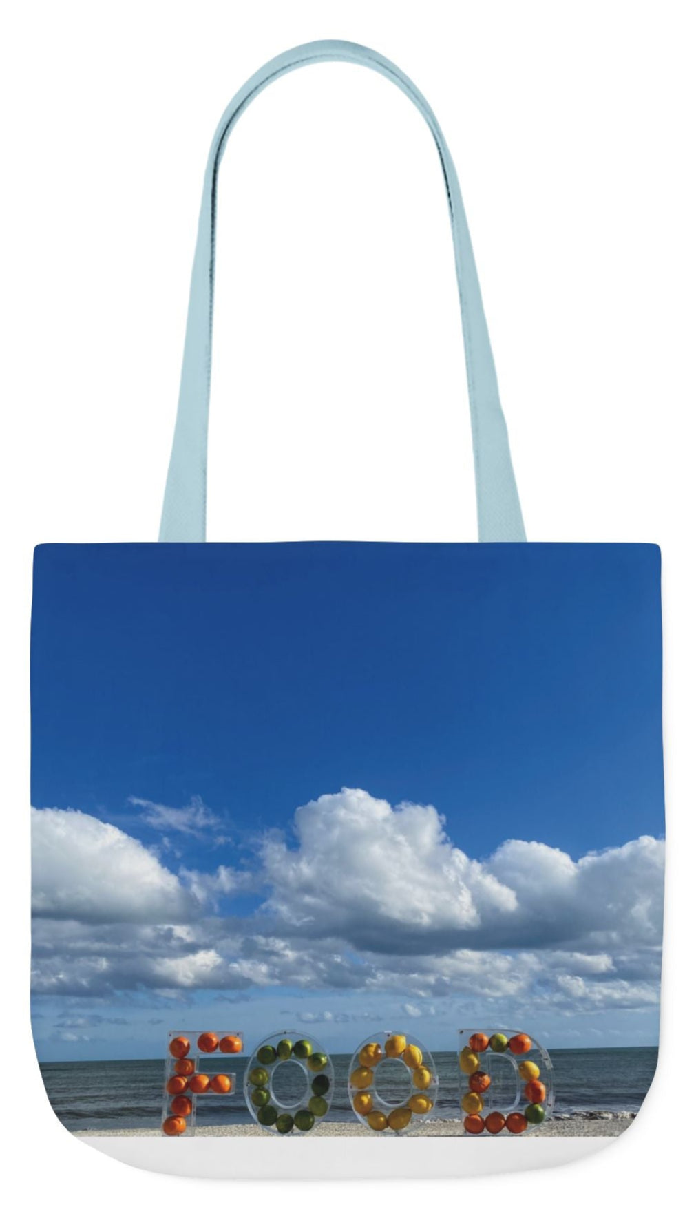 Food Tote Bag 18" x 18" with the Same Print on Both Sides and 4 handle color options (Black, Blue, Pink, White). "Beachy Food Bag"