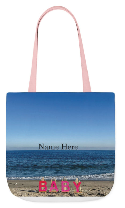 baby girl tote bag, baby gift, beach design pink handles. 18" x 18", polyester, doubled sided print