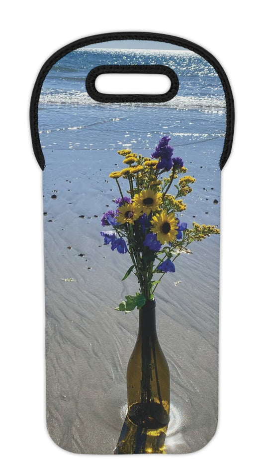 Wine Tote Bag for 1 Bottle with Same Print on Both Sides. "Beachy Flowers in a Bottle"