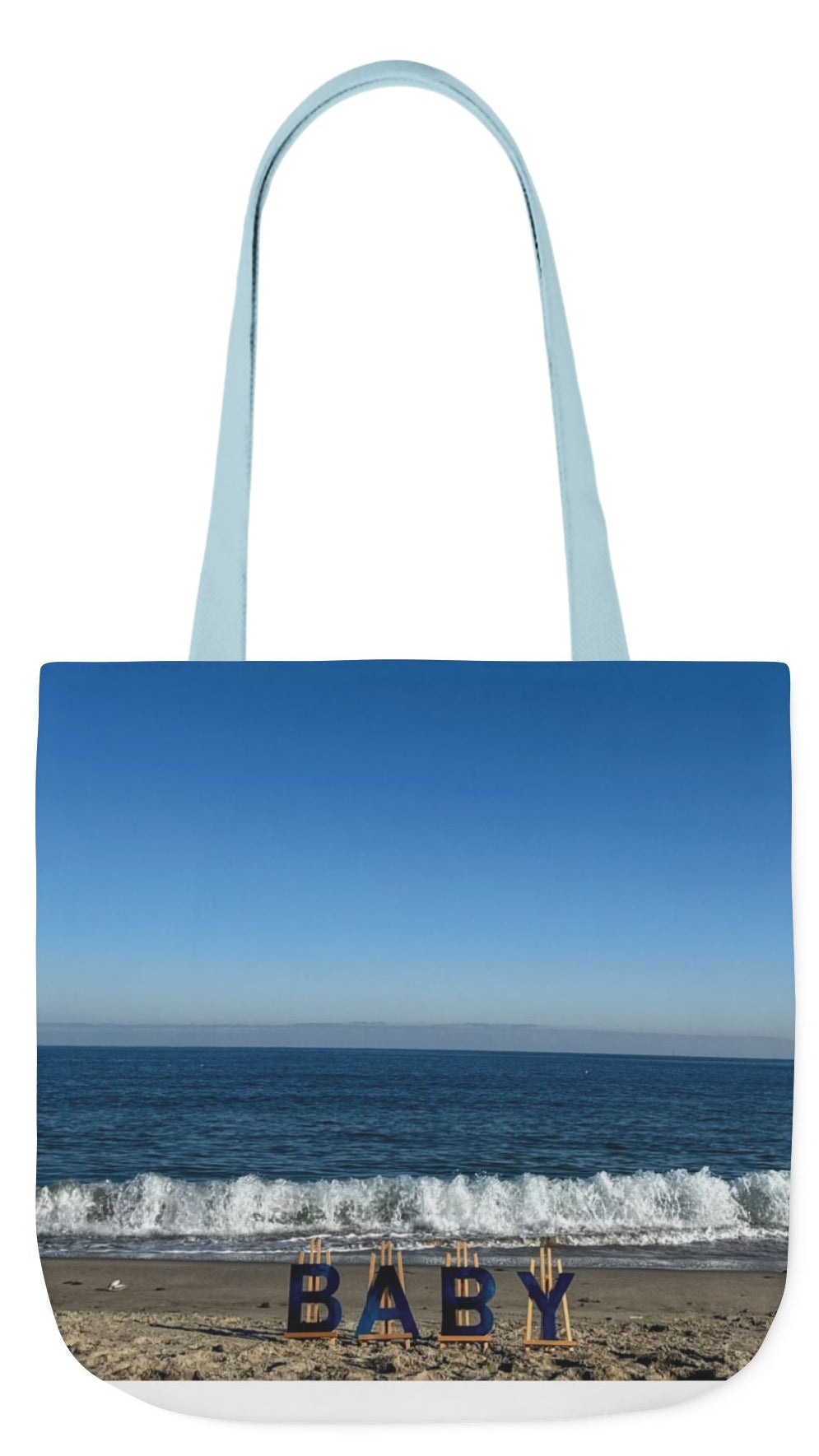 Baby Tote Bag 18” x 18” different print each side and choice of blue or white handles. "Shoreline & Beach Baby Tote Bag Personalized"