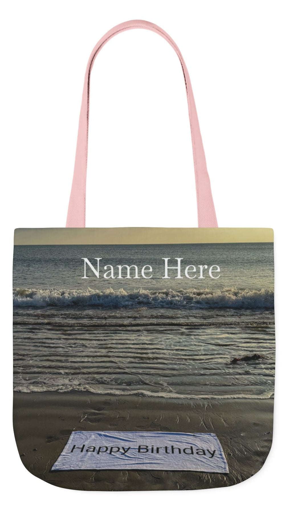 Birthday Tote Bag 18” x 18” different print on each side. 3 Handle Color Options. “Beach & Beachfront Birthday Bag Personalized”