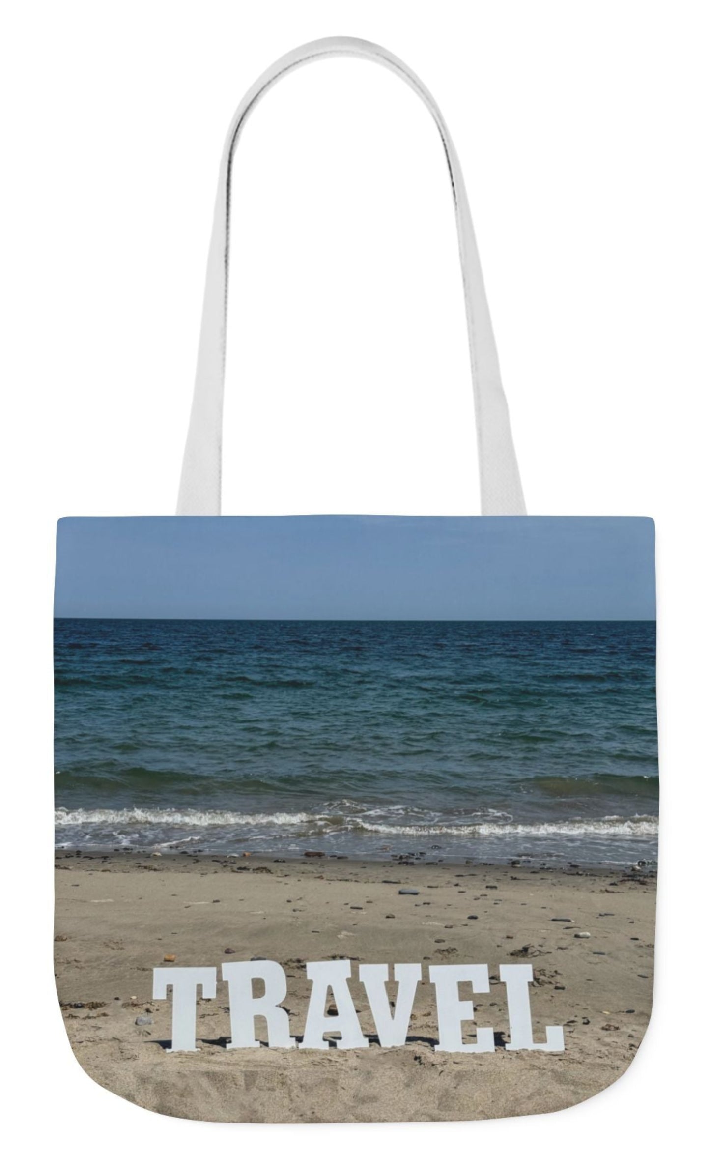 back of personalized travel tote bag with white handles matching beach scene on each side