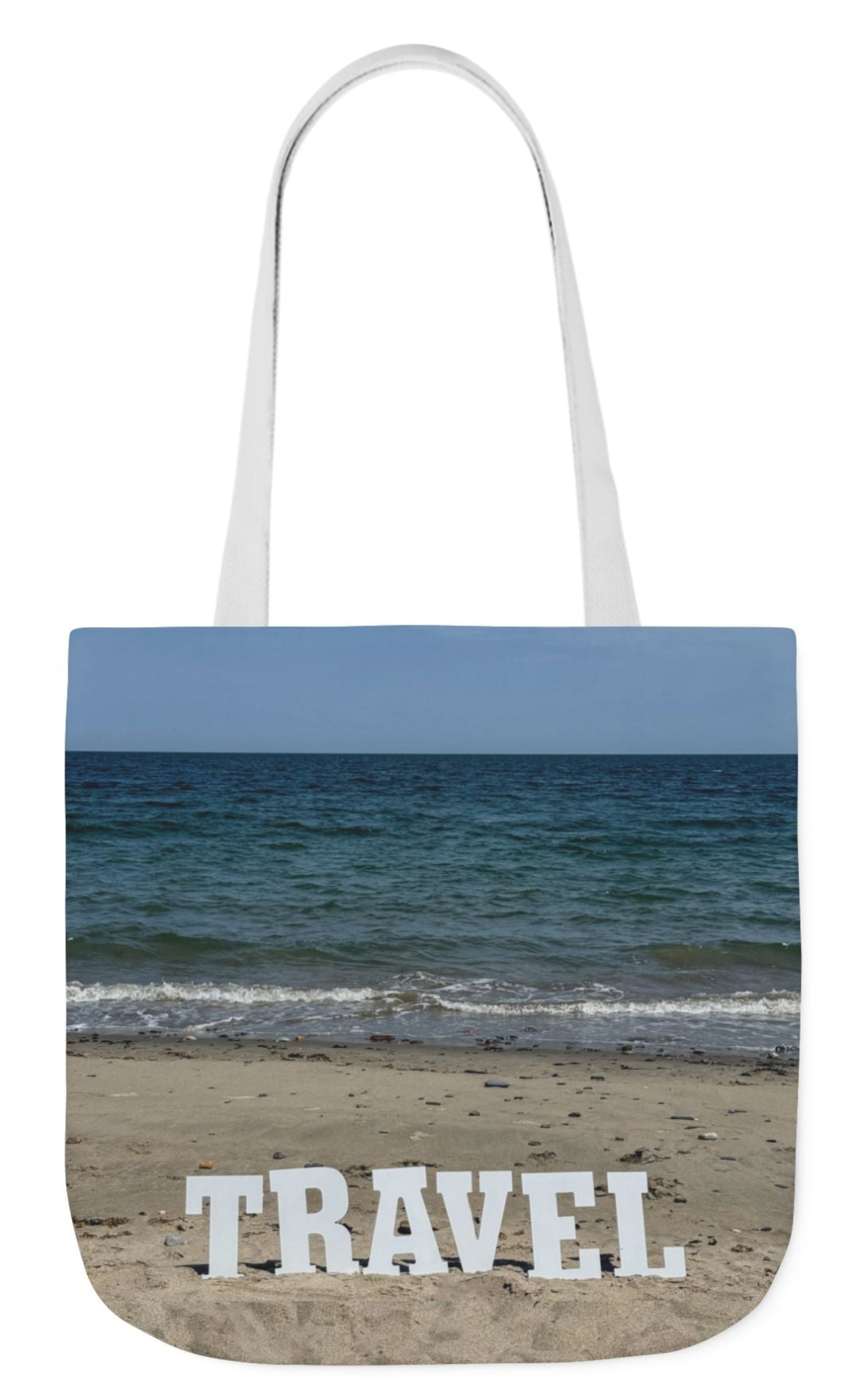 back of personalized travel tote bag with white handles matching beach scene on each side