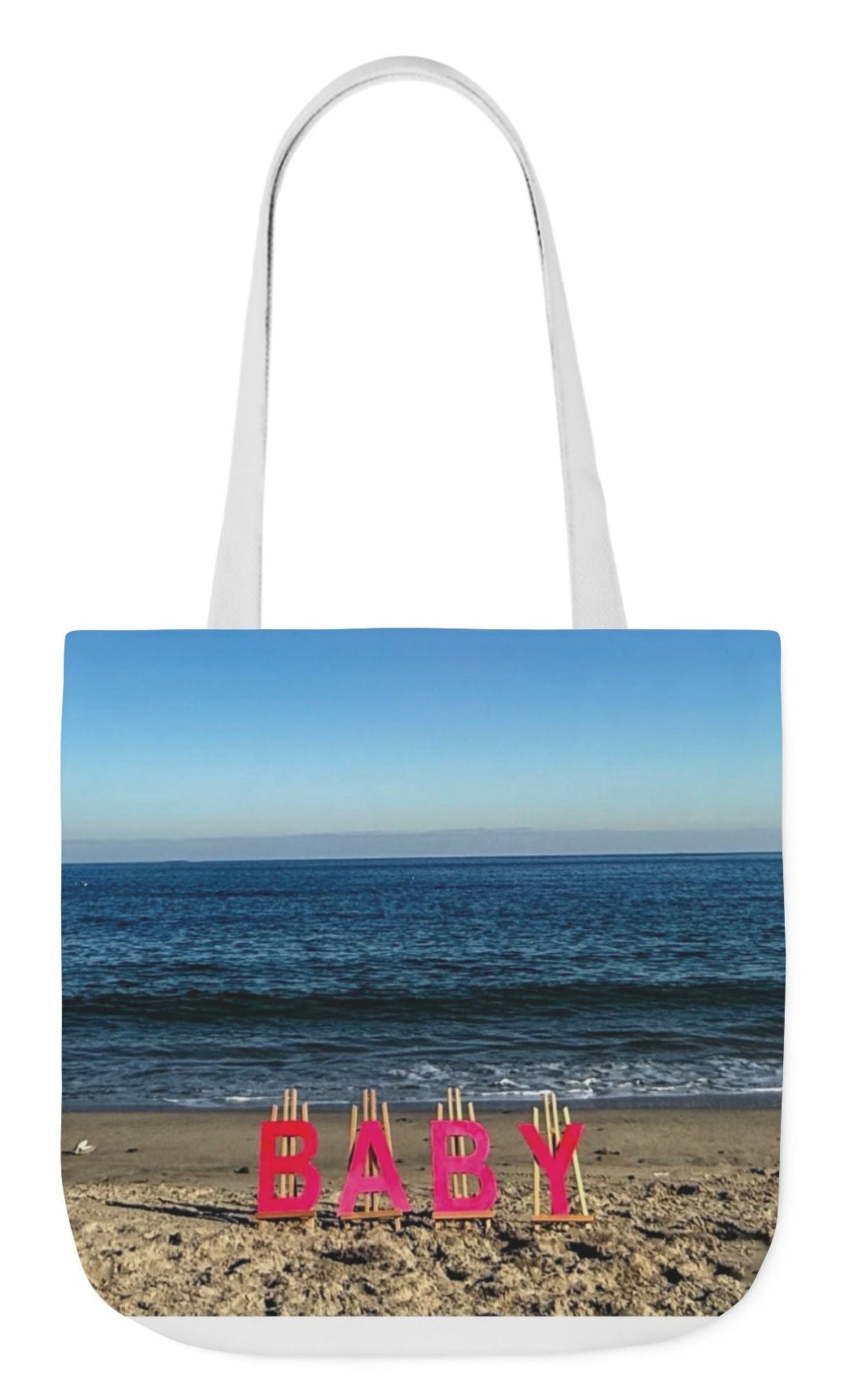 baby tote ag for girl with pink lettering and white handles beach theme 18" x 18"