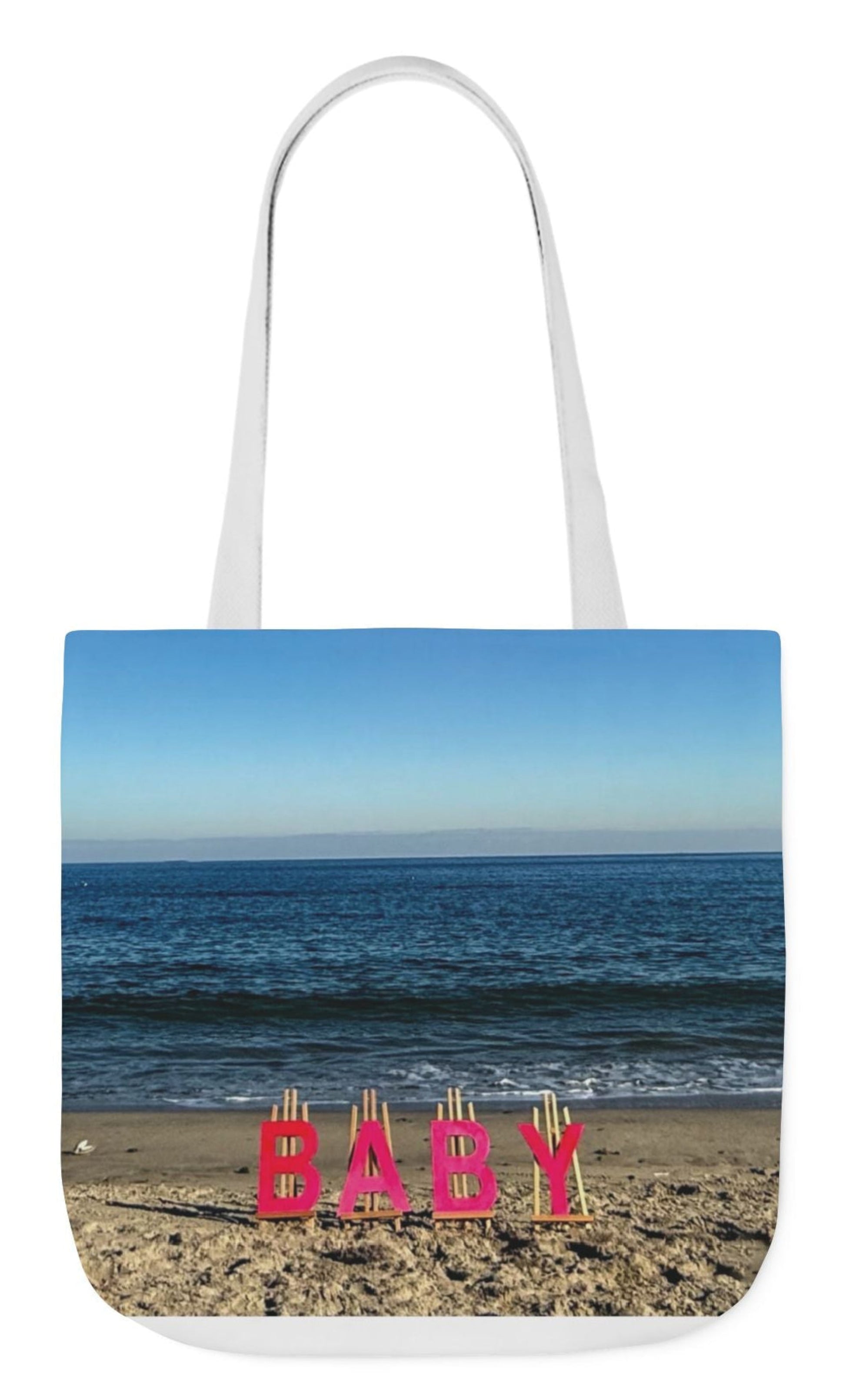 baby tote ag for girl with pink lettering and white handles beach theme 18" x 18"