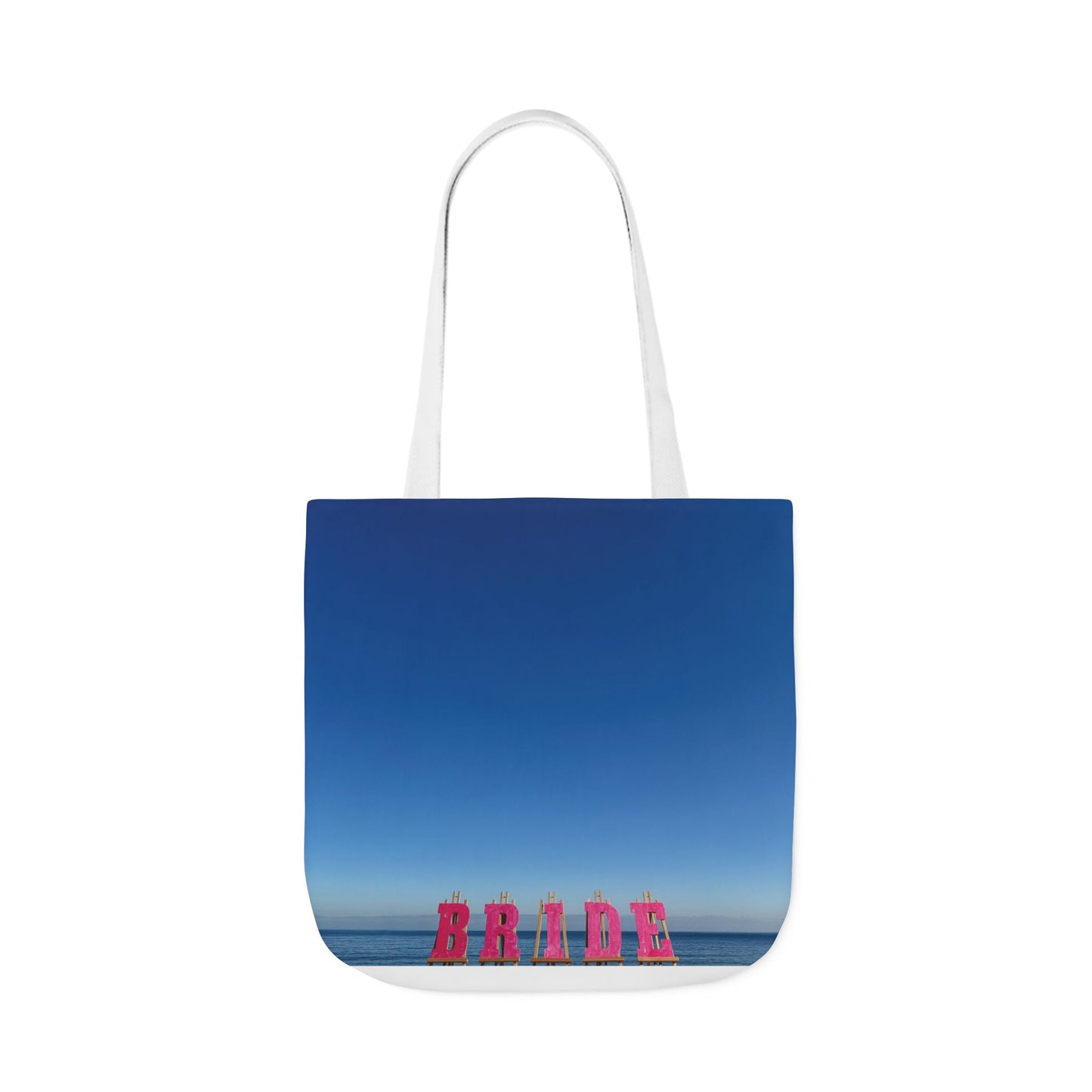 Bride Tote Bag 18” x 18” different print on each side. Pink or White Handles option. “Seaside & Beach Bride Bag”