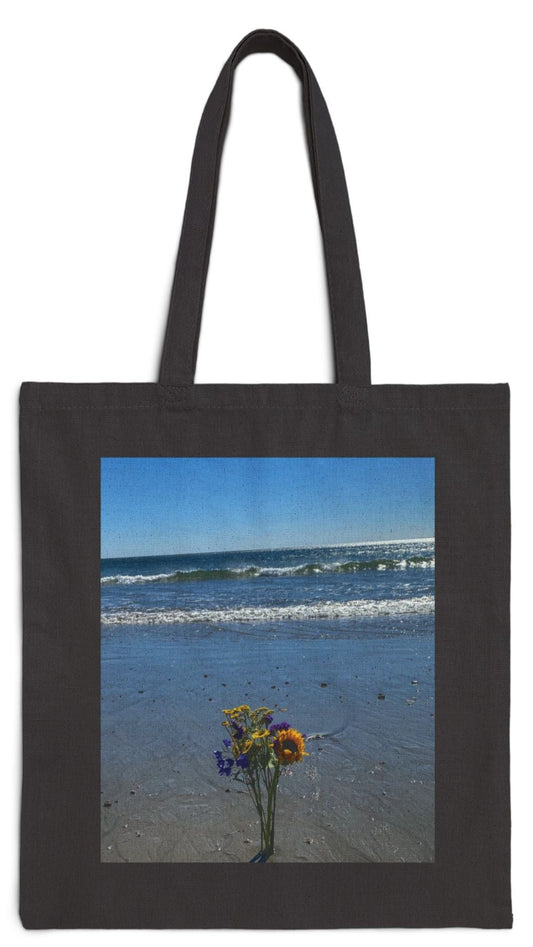 Floral Tote Bag Black 15" x 16" Cotton Canvas Print on One Side. "Beachy Flowers"